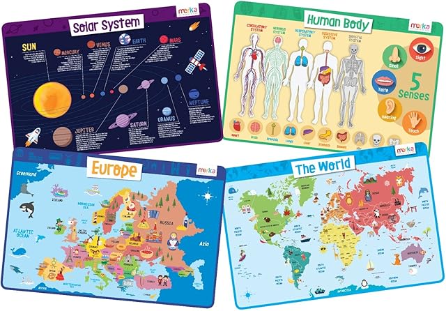 merka Kids Placemats Educational Placemat Non Slip Explorer Set Solar System Human Body Europe World Map Silicone Plastic Placemat for the Dining and Kitchen Table