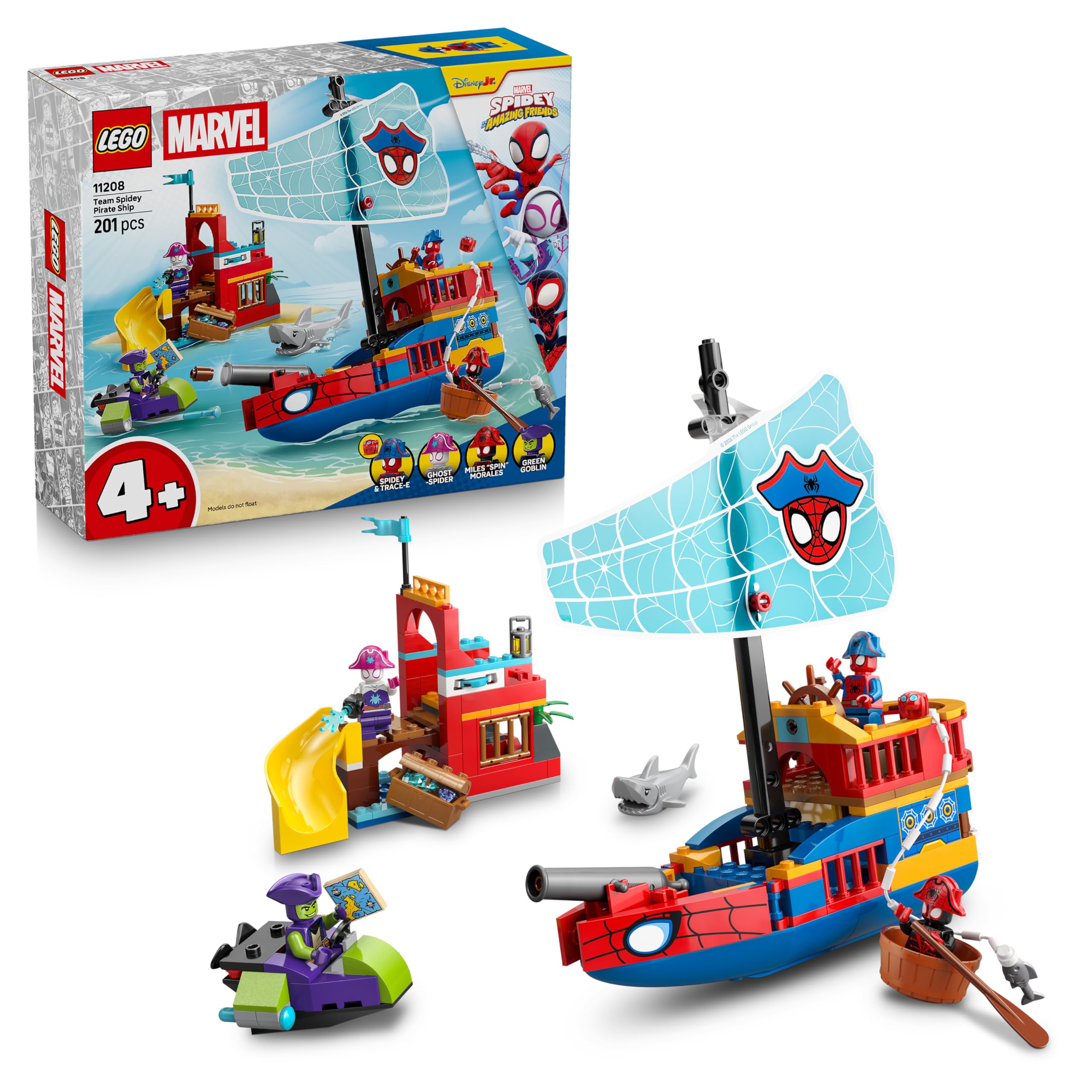 LEGO ǀ Marvel Team Spidey Pirate Ship Toy - SuperHero Set w/a Ship Model, 2 Boats & 4 Minifigures - Gift for 4+ Year Old Boys and Fans of the Spidey and his Amazing Friends Show - 11208