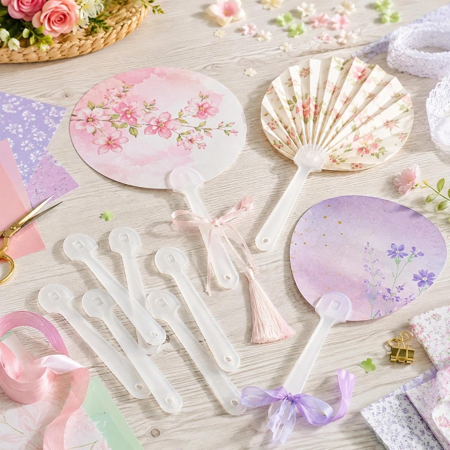 LOGOFUN 50 Pcs Clear Plastic Hand Fan Handles for DIY | Designed for Classrooms, Hobby Tables, Events, And Home Workshops, For Creative Present-Making Projects