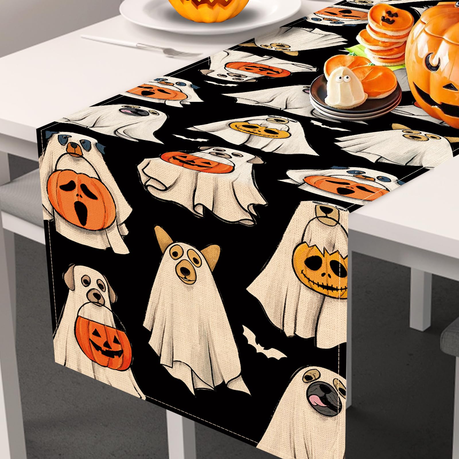 Happy Halloween Table Runner - Cartoon Pumpkin Ghosts Cats Design, Non-Slip Orange Decor For Dining Table - View #2