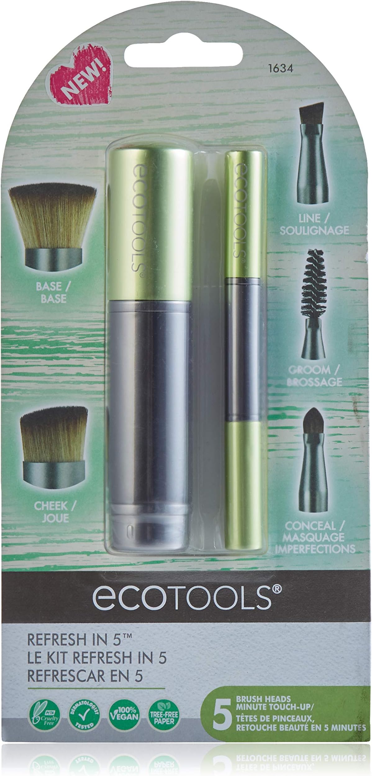 EcoTools Refresh Makeup Brush Set for Travel Touch-up, Set of 5 for Brows, Liner, Concealer, Powder, Blush and Bronzer