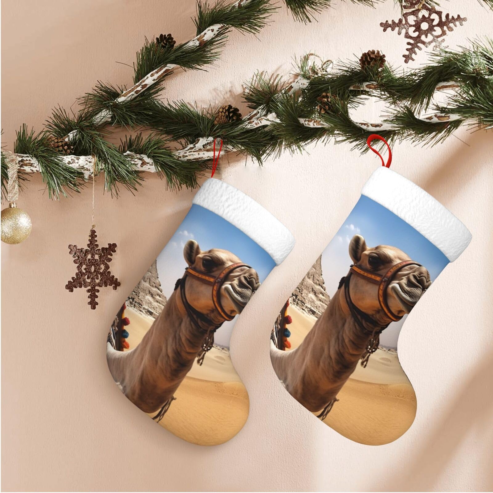 Fodpand Boys Black Pyramid Camel Christmas Stockings Hanging Ornaments For Holiday Decor, 18 Inches Velvet Xmas Stocking With White Plush Cuff, Candy Gift Bags For Christmas Decorations