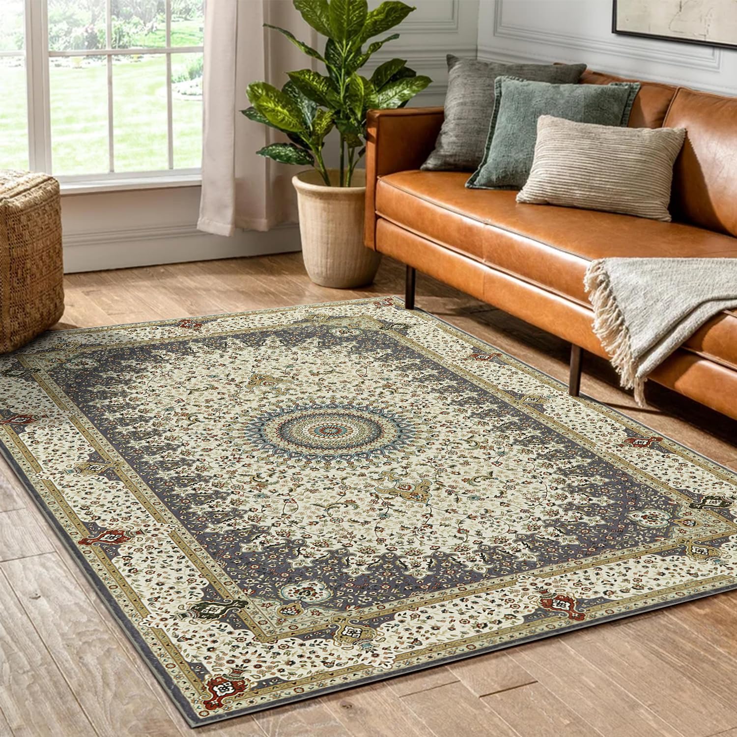 Hafaa Machine Washable Rugs Living Room 120 x 170 cm – Soft Short Pile Large Grey Area Rugs For Bedroom, Kitchen Carpet Non Slip Bedside Rug Traditional Design Vintage Boho Cashmere Rug, Willow Grey — image 1