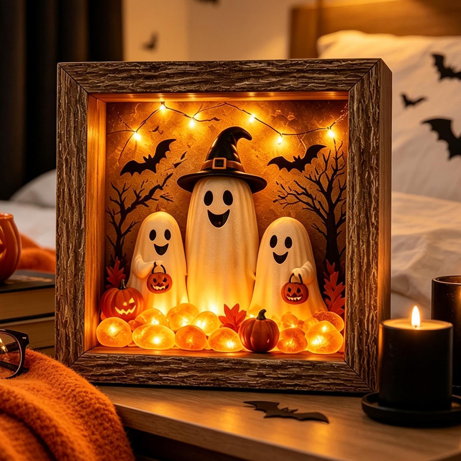 Scatola dei ricordi fai da te per Halloween, fatta a mano, decorazione rustica per Halloween | Cornice fantasma illuminata con pietra di vetro marino per interni: caminetto, scrivania, esposizione per feste