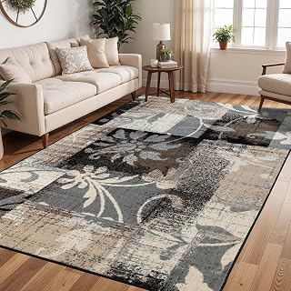 SUPERIOR Indoor Area Rug, Jute Backed, Perfect for Entryway, Office, Living/Dining Room, Bedroom, Kitchen, Floor, Modern Floral Patchwork Decor, Pastiche Collection, 10' x 14', Beige