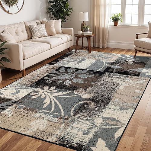 Superior Pastiche Floral Patchwork Non-Slip Indoor Washable Area Rug, 10' x 14', Brown