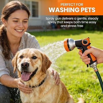 Hose Pipe Spray Gun - 8 Adjustable Patterns Garden Spray Gun for Watering Plants, Car, Bike or Pet Washing - High Pressure Garden Hose Nozzle with Thumb Control Fits 1/2 and 3/4 inch Hosepipes