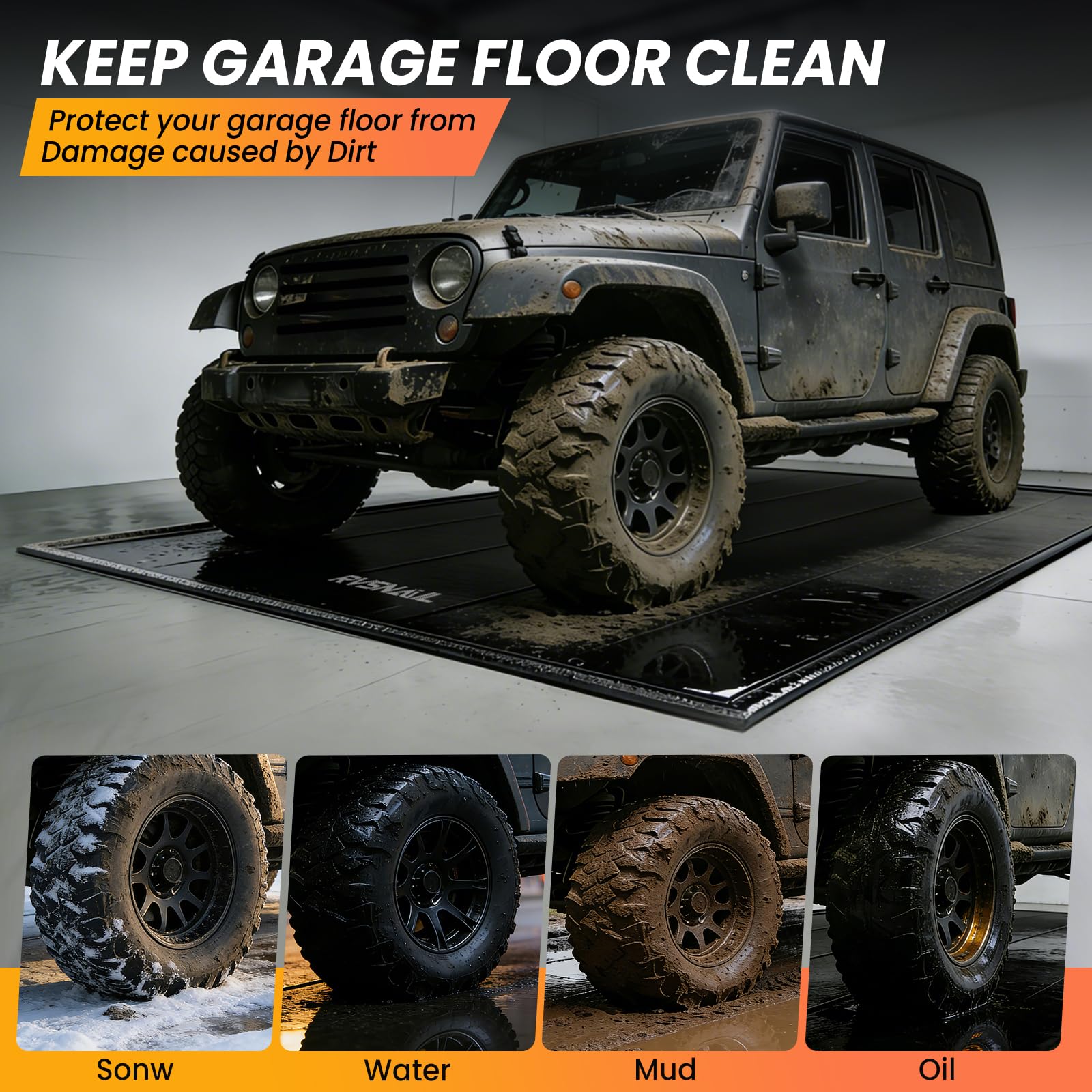 Condition photo showing New/Like New for garage floor mat, 8'6''x22' heavy duty 1.2inch thick containment mats, waterproof pvc matwith high elastic sponge column, non-slip surface, parking mat with a squeegee