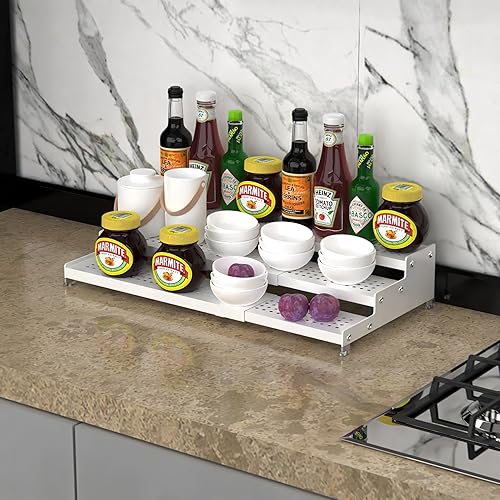 Miniatura 8 de Organizador de especias de metal para gabinete, estante de almacenamiento de especias expandible de 3 niveles, ideal para gabinete de cocina,