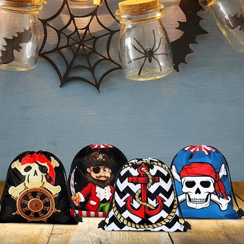 Miniatura 2 de Woanger 16 bolsas de recuerdo de fiesta pirata, bolsas con cordón para niños, capitán calavera, regalo para Halloween, cosplay, aventura