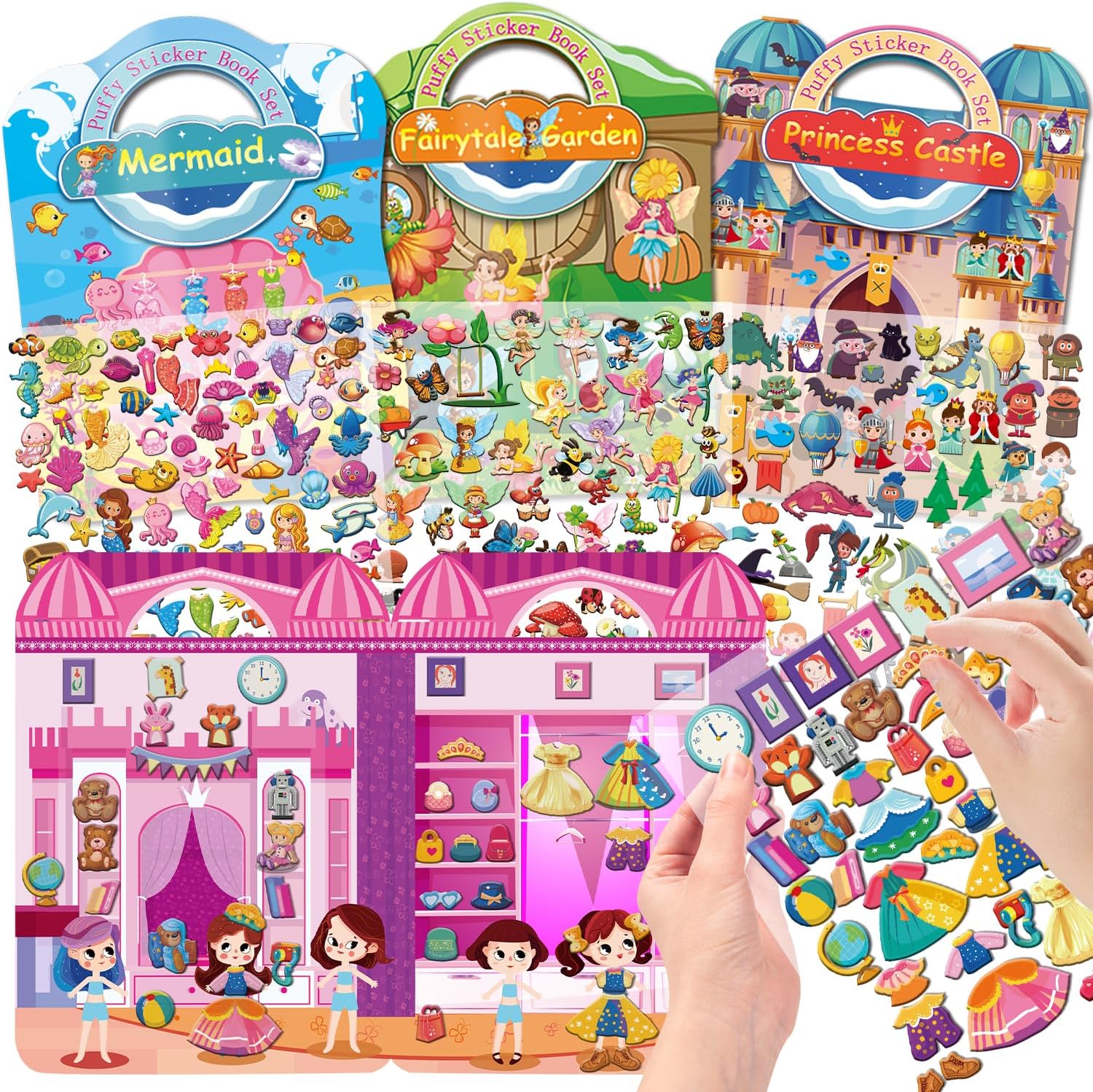4 Pack Dress Up Reusable Sticker Books for Girls, 220+ 3D Puffy Stickers for Children Include Princess Mermaid Fairy and Fashion Girl,Travel Airplane Activity Packs for Kids