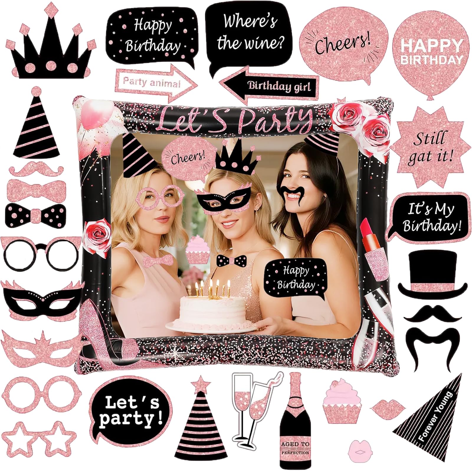 Acquwistach Rose Black Birthday Inflatable Frame with 30pcs Photo Booth Props, Selfie Frame Decoration for Her Him Birthday, Family Fun Holiday Party Supplies