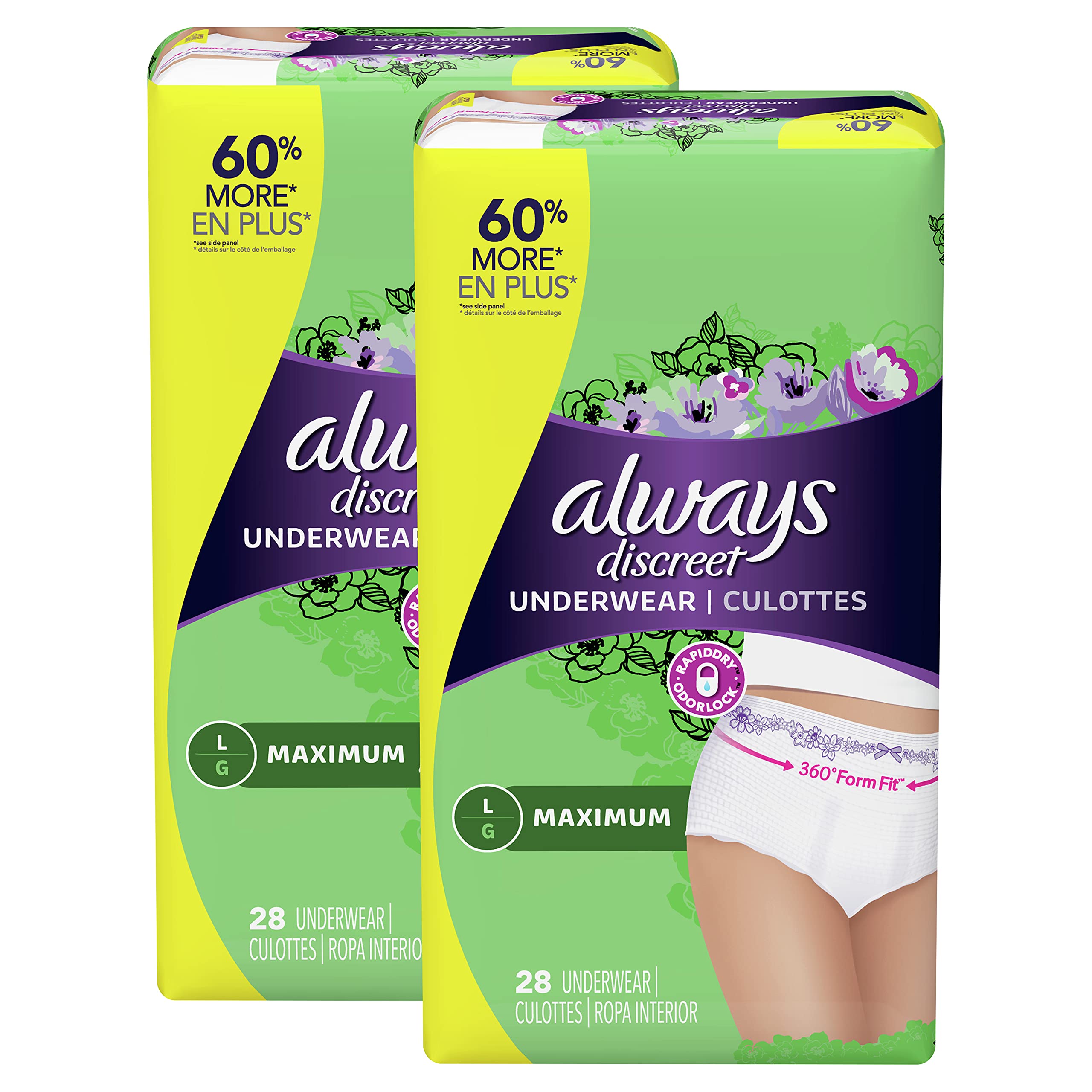Always Discreet Incontinence & Postpartum Incontinence Underwear for Women, Large, Maximum Protection, Disposable, 56 Count