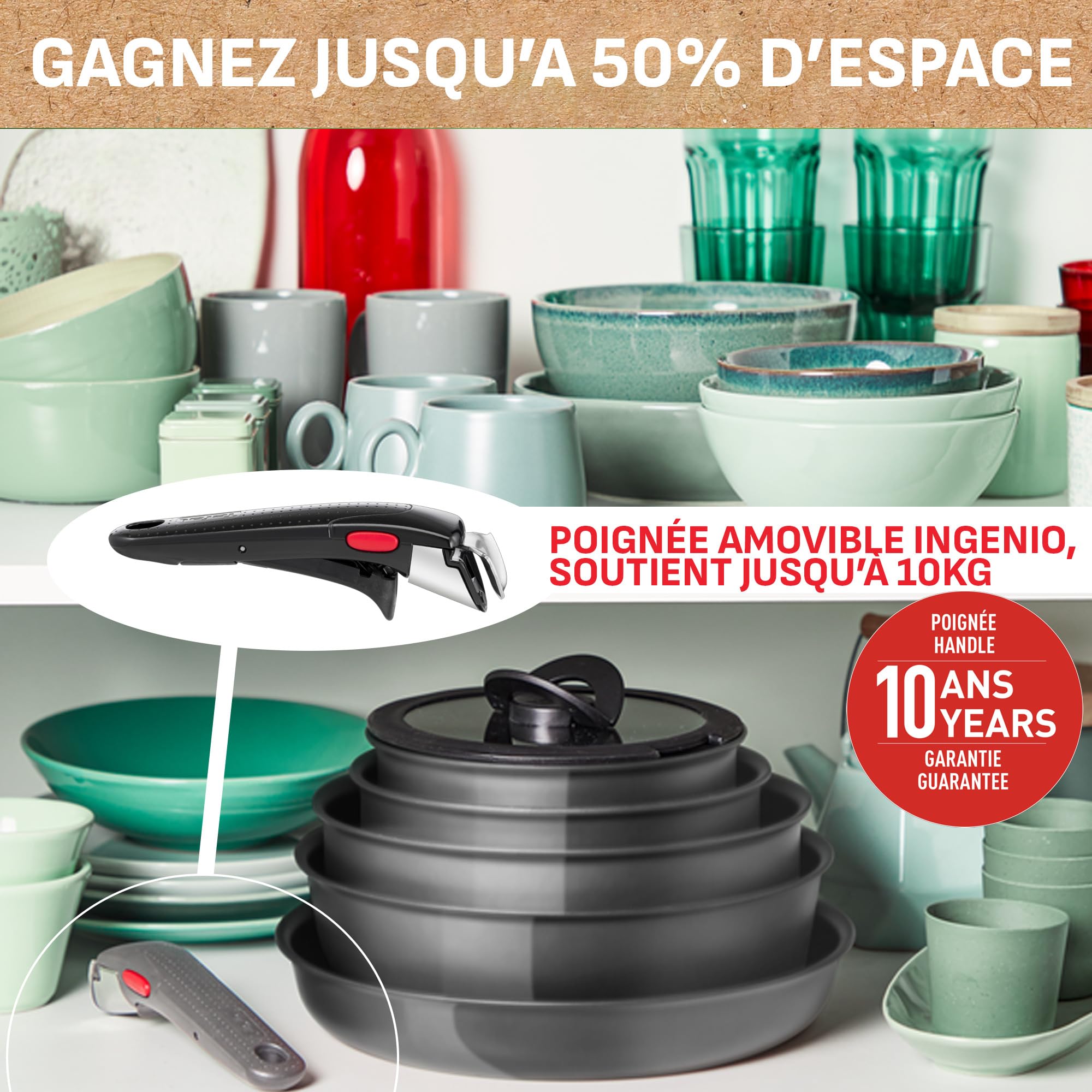 Tefal Ingenio Lot de 5 pièces, Poêles, Casseroles, Poignée amovible, Induction, Revêtement céramique antiadhésif, Eco-conçu, Compatible lave-vaisselle, Fabriqué en France, Renew L26190022