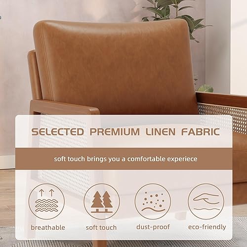 Miniatura 8 de Alunaune Silla decorativa marrón de ratán natural, tapizada, para sala de estar, moderna de piel sintética, silla de club, sofá de recepción de