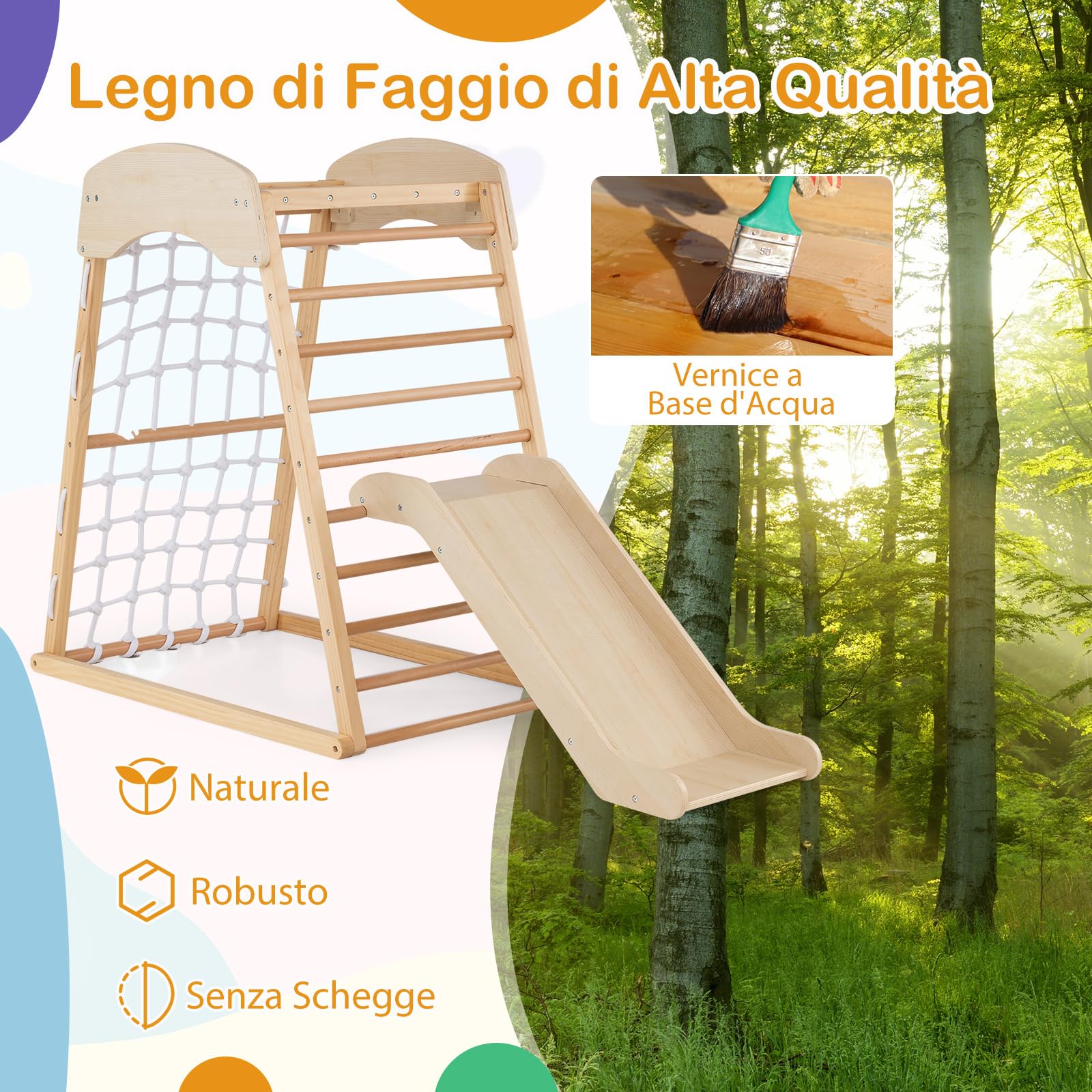 RELAX4LIFE Set di Arrampicata Multifunzione, Parco Giochi in legno Massello con Scivolo, Centro Attività da Interno, per Bambini 1 a 5 Anni (67x105x113 cm, Naturale)