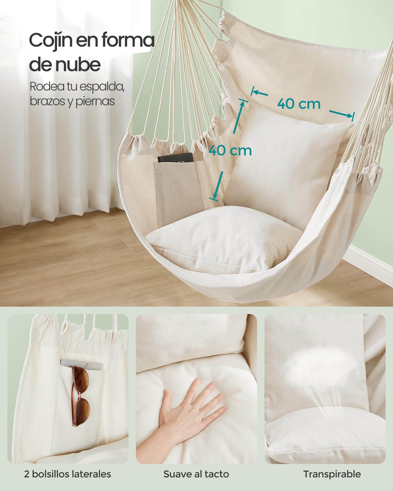 SONGMICS Silla Hamaca, Silla Colgante Grande con 2 Cojines, Silla Colgante con Cadena, Capacidad de Carga 150 kg, para Interior, Exterior, Salón, Dormitorio, Blanco Crema GDC197M01