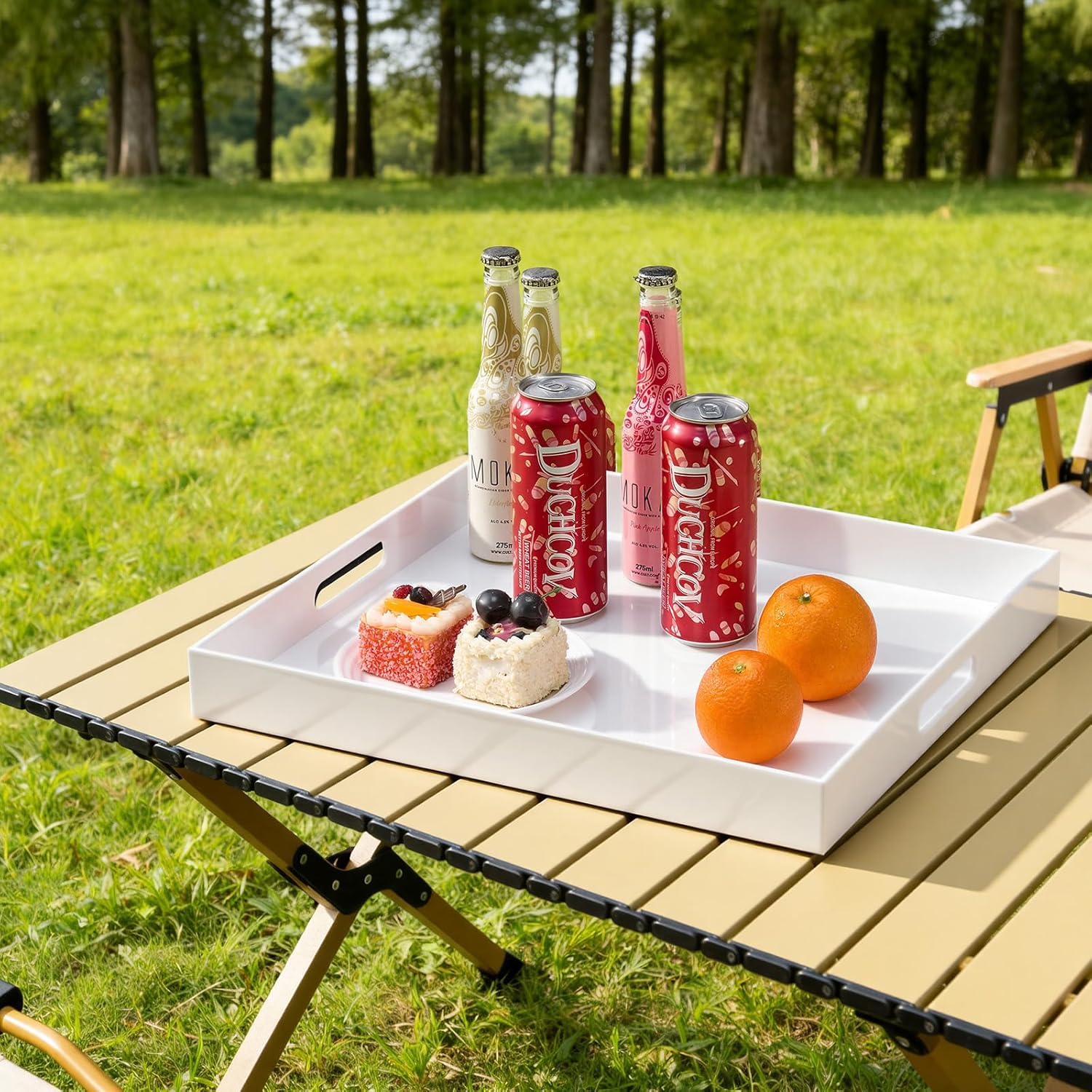 Large Glossy White Acrylic Serving Tray (18×14 Inches) with Cut Out Handles Spill Proof Acrylic Decorative Tray Organiser for Ottoman Coffee Table Countertop