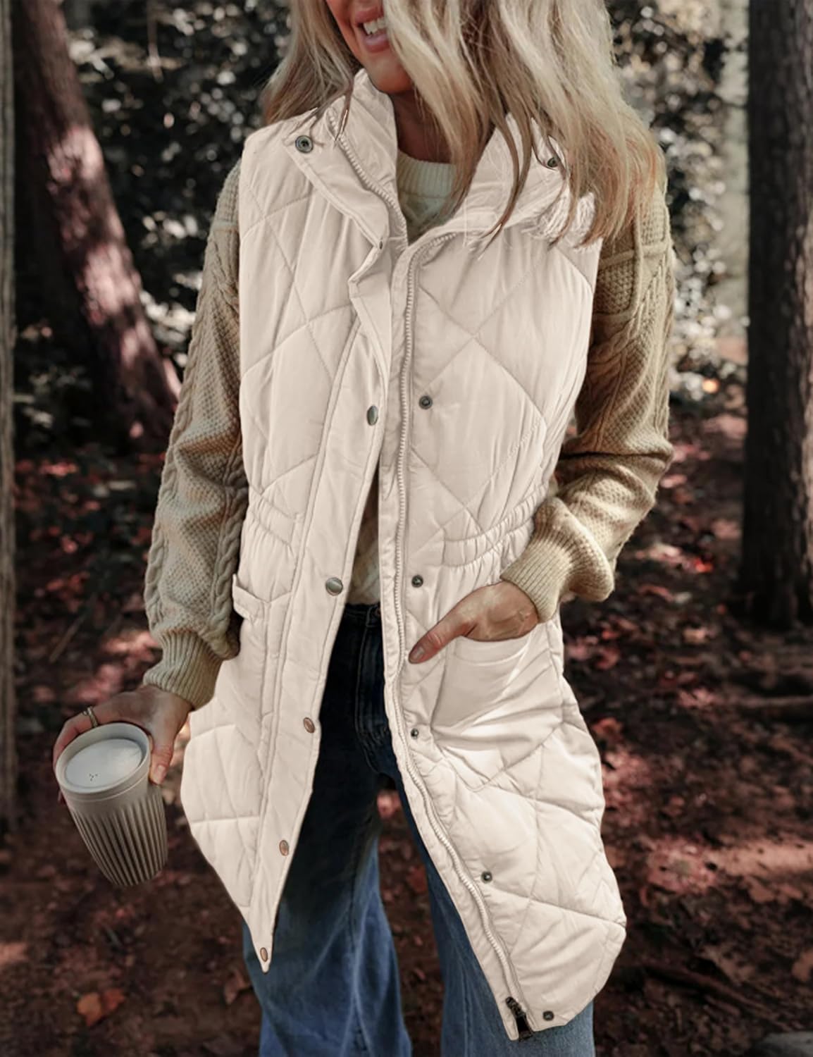 Athlisan Womens Long Puffer Vest Sleeveless Zip Up Stand Collar Padded Gilet Coat with Pockets(Apricot-S) - Image 2