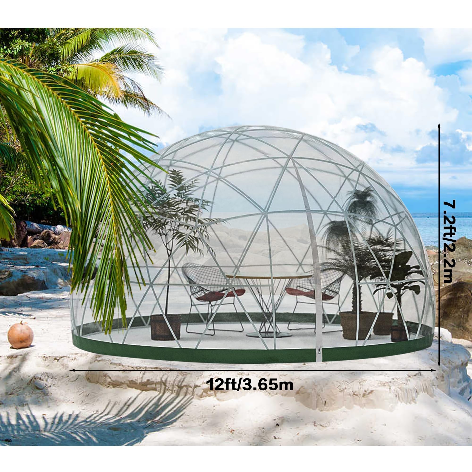 Serra da giardino a cupola igloo, tende a cupola in PVC 3,7 x 2,2 m, serra da giardino a bolle resistente alle intemperie con 2 corde luminose da 10 m, casa a cupola da giardino trasparente per