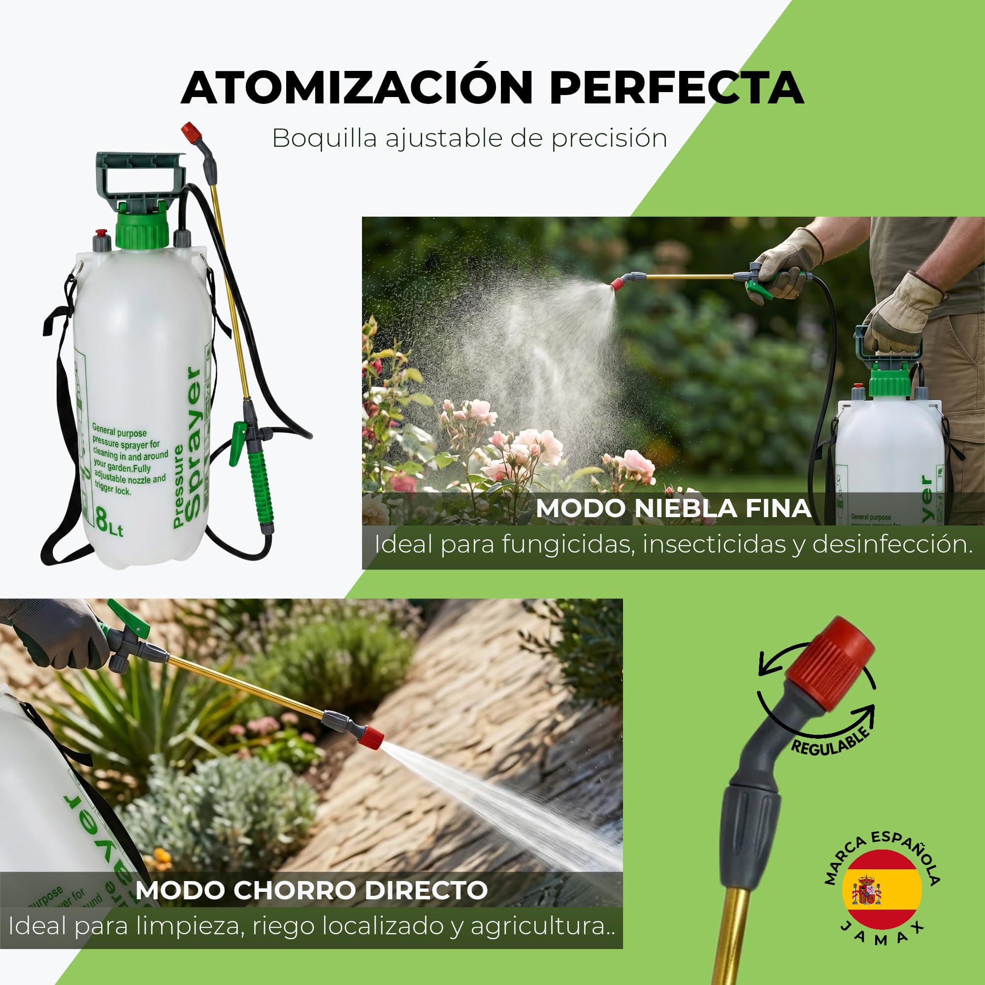 Pulverizador a presion de Agua 8L para Plantas JAMAX – Botella Pulverizadora Presión Manual, Ideal para Jabón Potásico, Herbicida y Cuidado de Jardín | Sulfatadora Manual (8 litros)