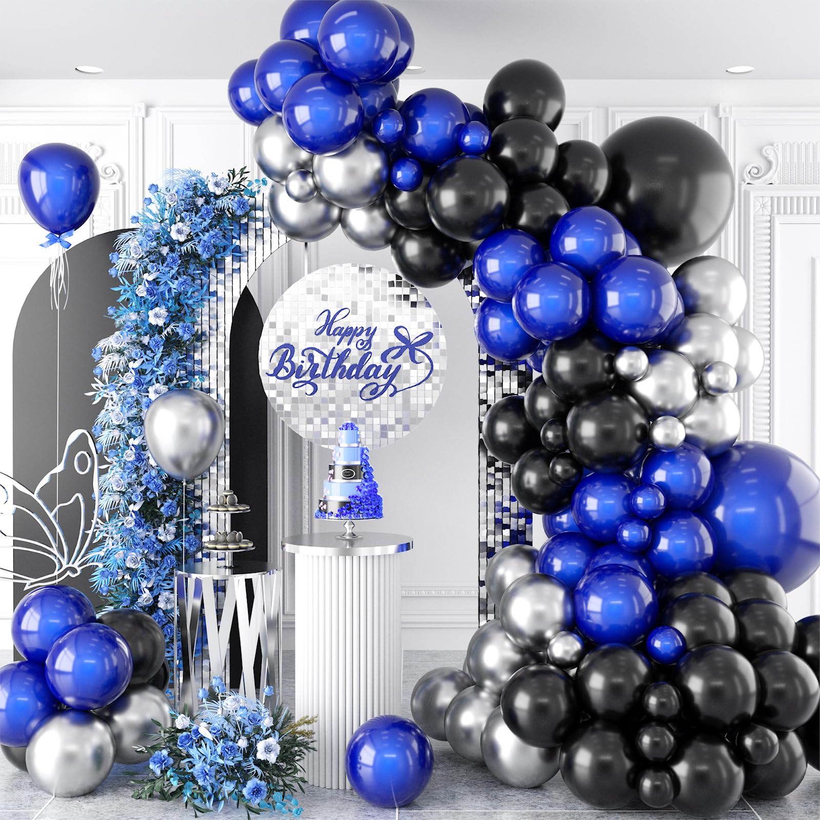 Blue Balloon Arch Kit, 105 pcs 5 10 18 Inch Birthday Balloons, Black Blue Garland Kit with Metallic Silver Balloons DIY Balloon Arch for Birthday Wedding Baby Shower Anniversary Party Decoration