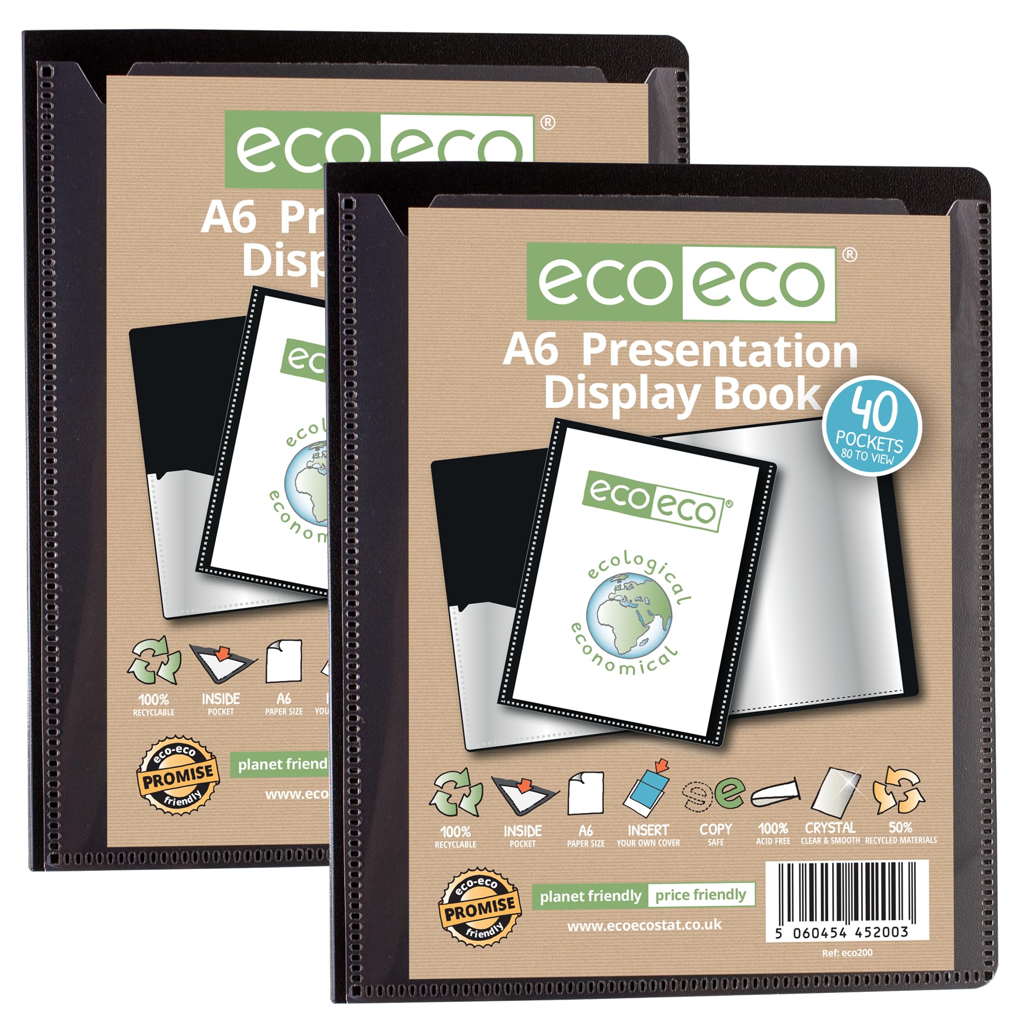 eco-eco A6 Size 50 Percent Recycled 40 Pocket Black Presentation Display Book, Storage Case Portfolio Art Folder with Plastic Sleeves, Pack of 2 Folders, eco200x2