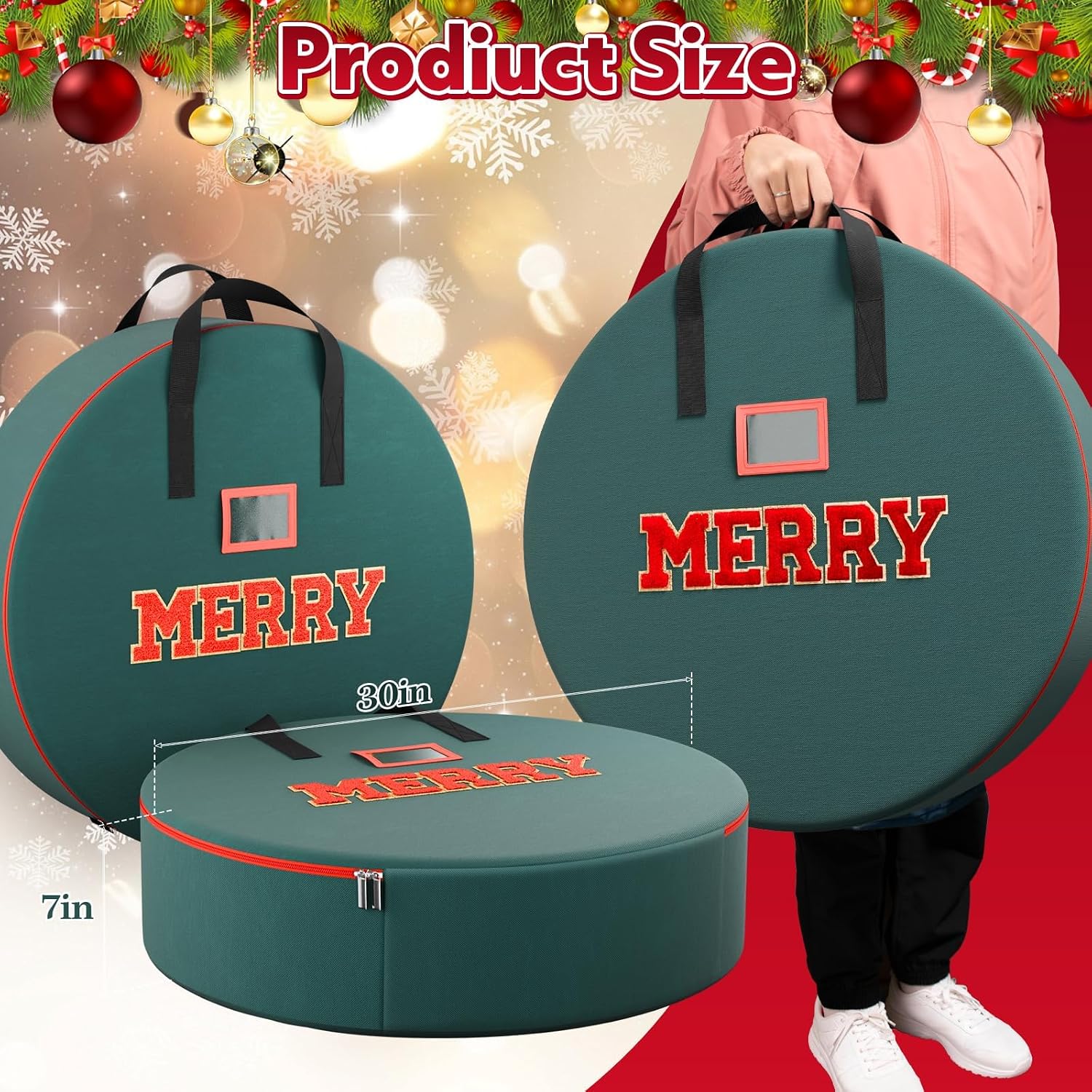 Christmas Wreath Storage Container 30 Inch With MERRY Chenille Letters, Wreath Bag Box Garland Ornament Storage With Waterproof Fabric Dual Zippered And Handles