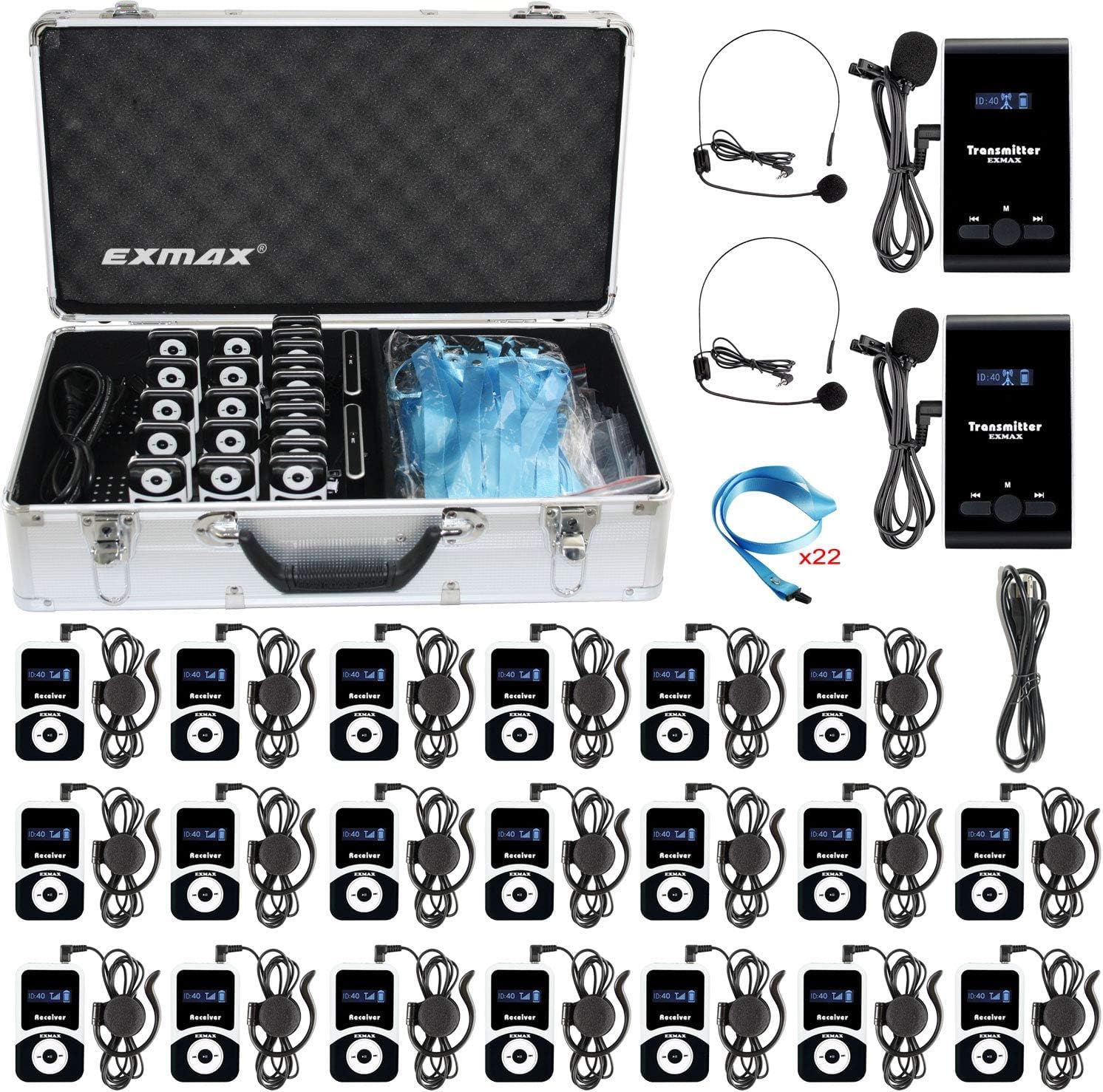 EXMAX Church Translation System Tour Guide Solutions for Separate Audience from Noise ATG-100T 195MHz for Meeting Tour Group Exhibition(2 Transmitters & 20 Receivers + Aluminium Alloy Charge Case)