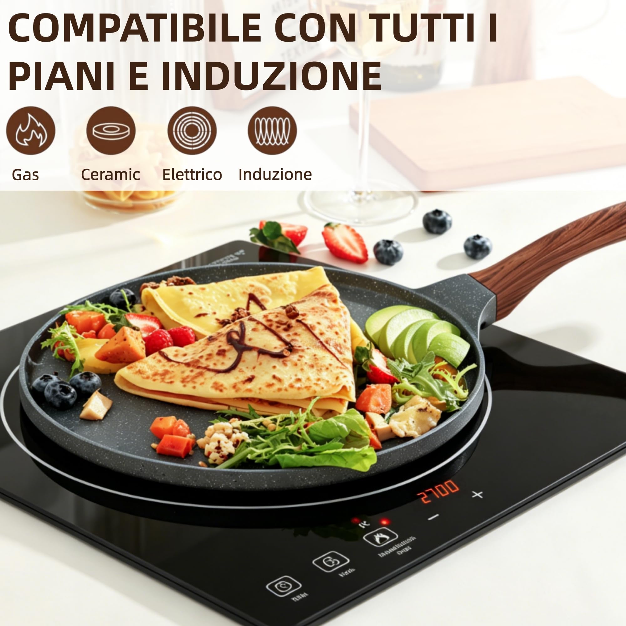 SENSARTE Padelle per Crepe 26cm Con Rivestimento Antiaderente In Granito, Crepiera con Distributore di Impasti, Per Ogni Piano Cottura Incluso l'Induzione