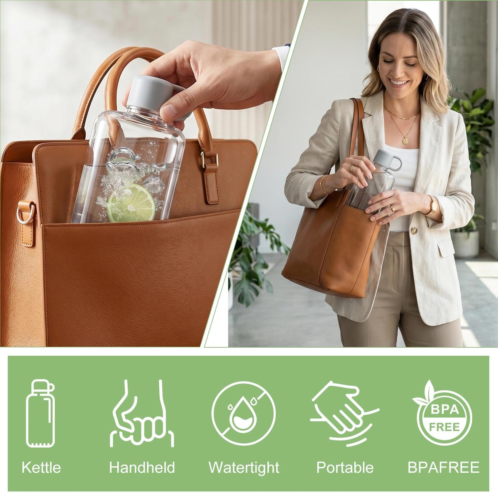 APOMOONS Płaska butelka na napoje do torby i plecaka, 360 ml + 500 ml, płaska butelka na wodę z tritanu, zabezpieczona przed wyciekiem, mała, ze skalą i uchwytem, szara