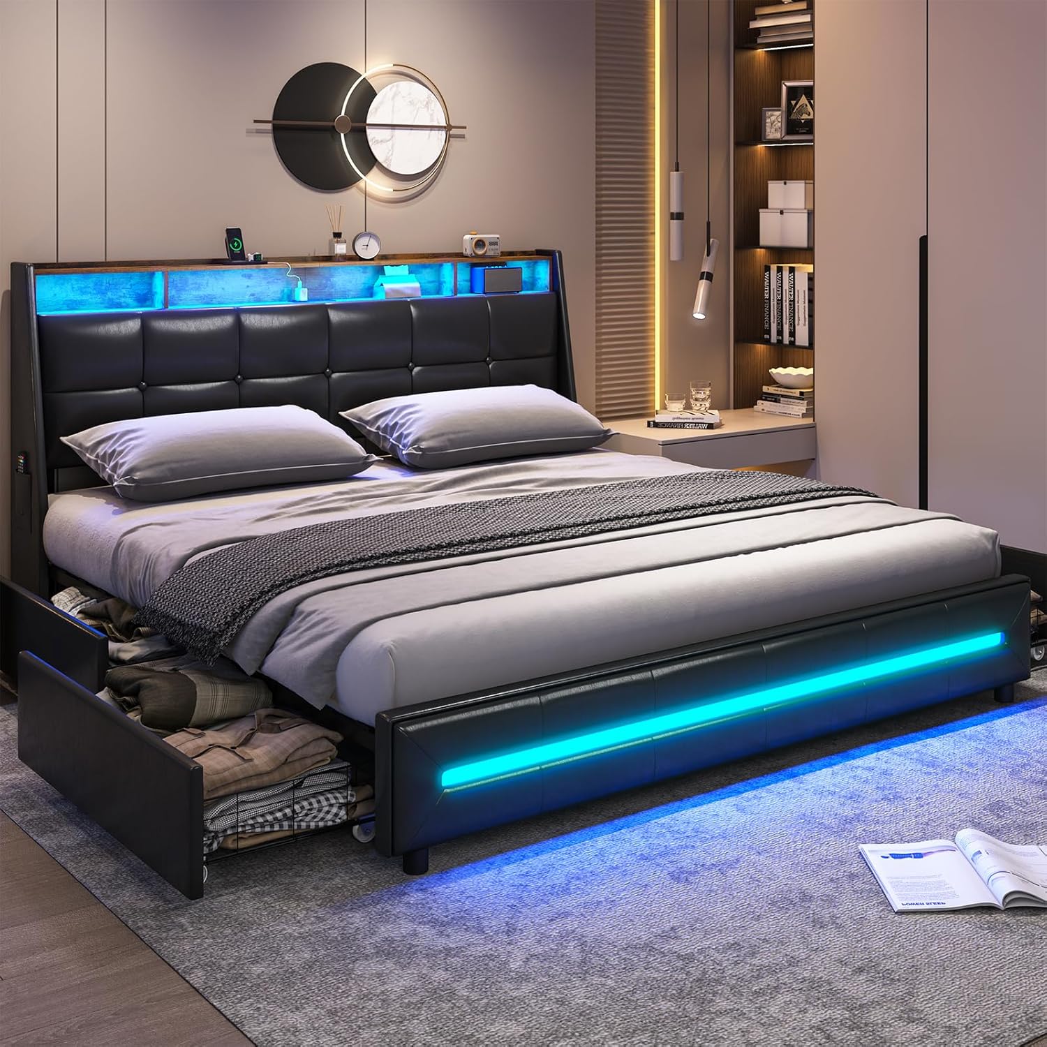 MSmask King Size Bed Frame with blue LED lights, storage drawers, and charging station