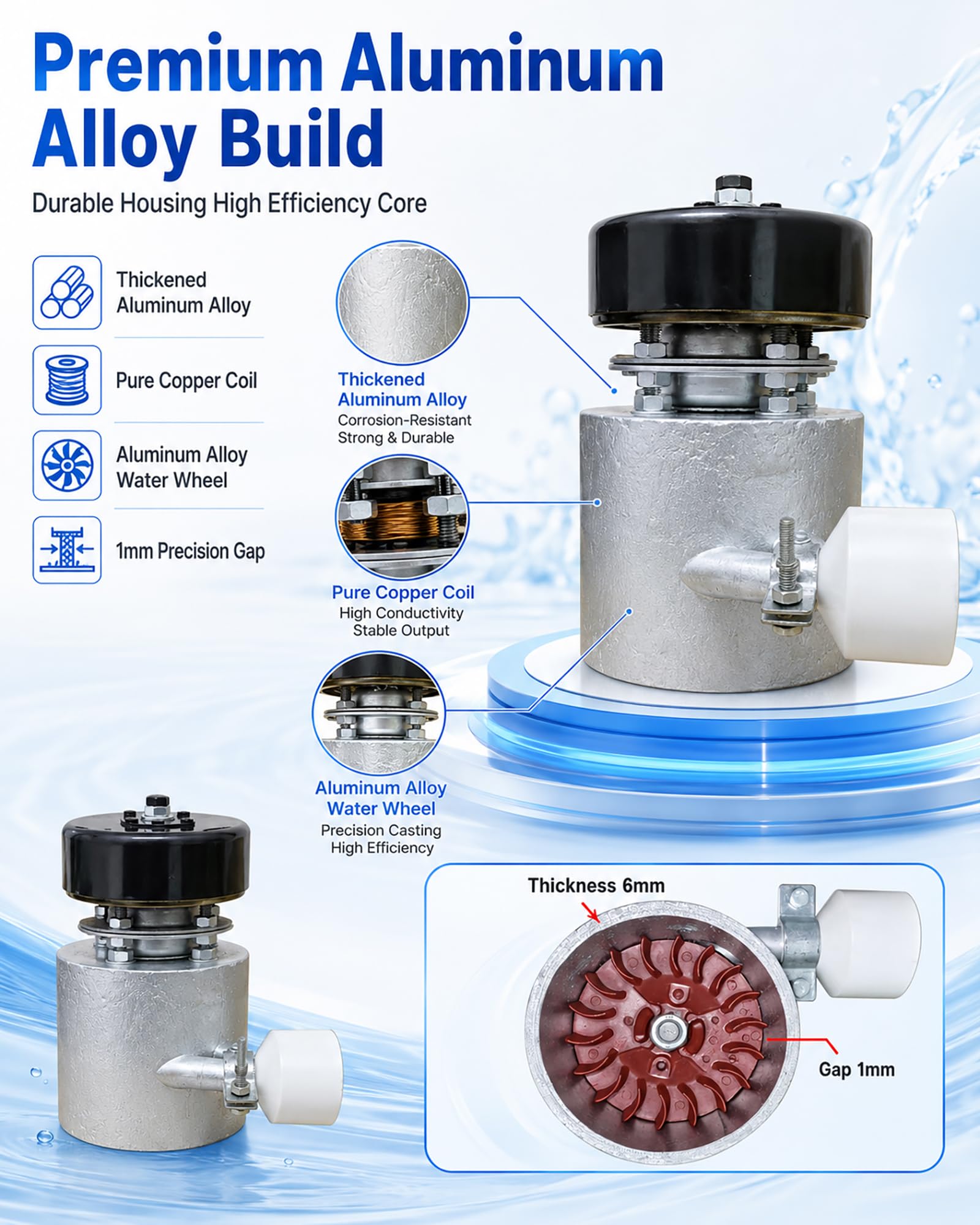 Generatore Micro Idroelettrico 1KW 110V/220V Centrale Idraulica Portatile Con Cuscinetto Turbina Ad Acqua Per Casa Campeggio Illuminazione TV Computer E Piccoli Elettrodomestici,1kw,110V/220V