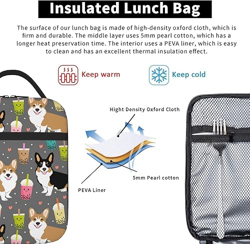 Miniatura 5 de Lonchera con bolsillo lateral aislado, bolsa suave con lindo Corgi impreso, bolsa de almuerzo térmica para picnic de trabajo