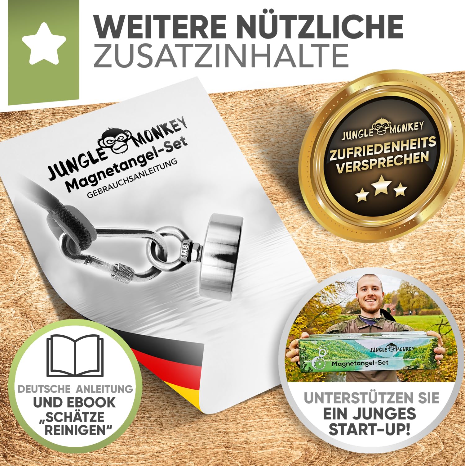 Jungle Monkey® Premium Magnetangel Set 200kg [Zugkraft DEKRA geprüft] Magnetfischen Komplettset inkl. 20m Seil + wasserfeste Handschuhe für Magnet fischen I Magnet angeln in Flüssen und Seen