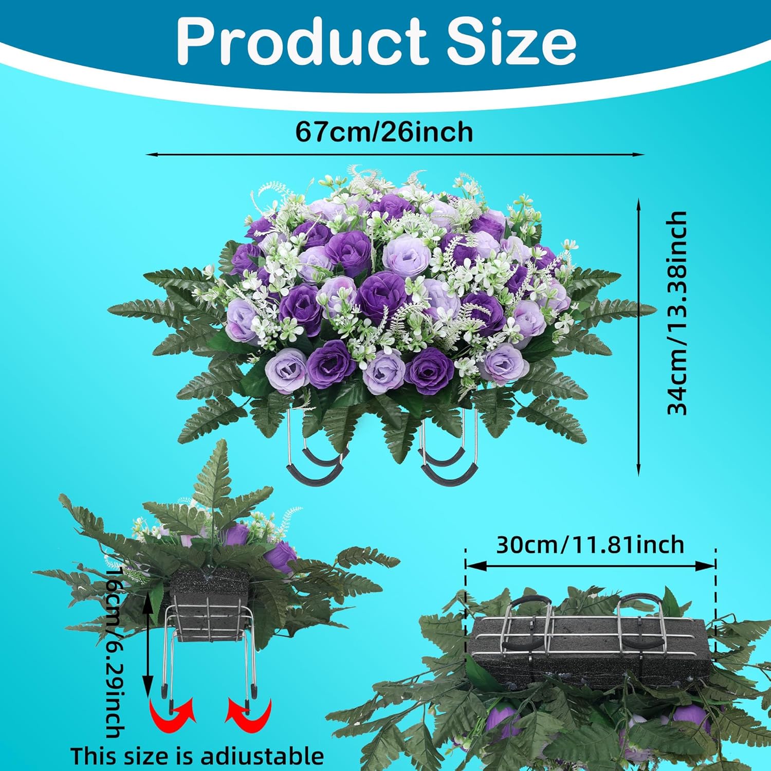 Headstone Flower Saddle,Large Artificial Cemetery Flowers for Grave,Cemetery Memorial Flowers for Outdoor Tombstone Decorations (Purple)