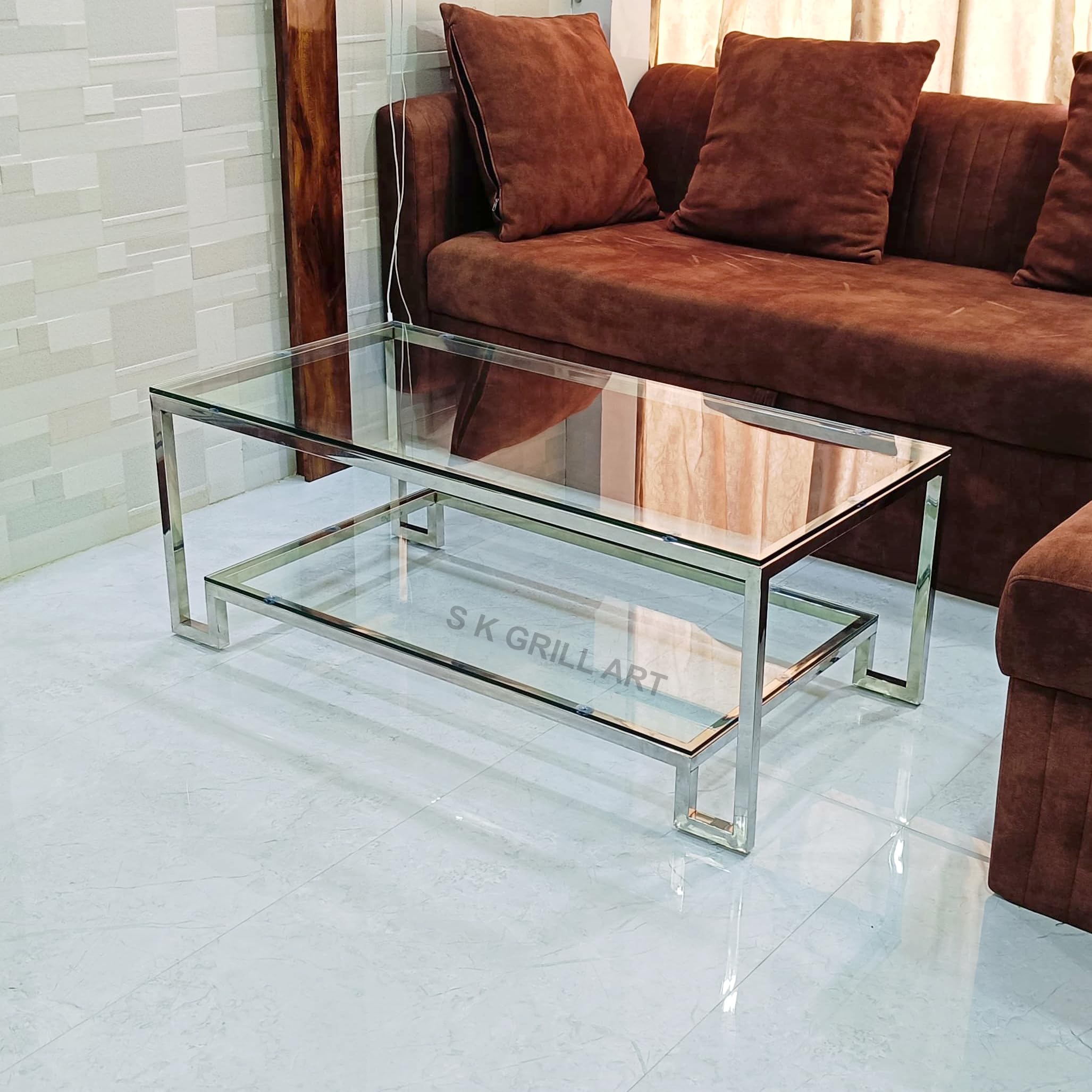 s k grill art Stainless Steel Center Table Coffee Table for Living Room with Glass Top 4 x 2 feet (Design 2)-image-25
