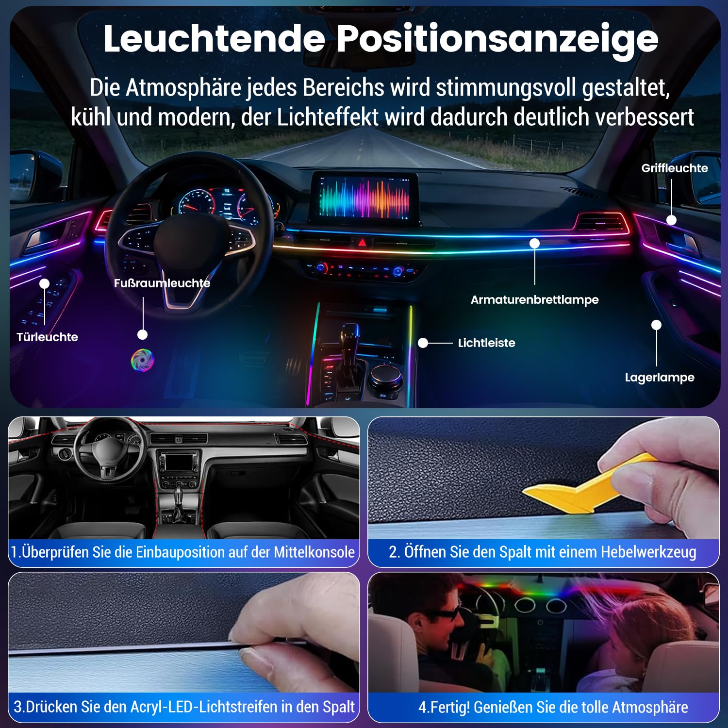 Illuminazione per interni auto, 22-in-1 HMYC 128 strisce luminose LED in fibra ottica acrilica colorate, illuminazione ambientale decorativa universale con ritmo sincronizzato alla musica, controllo