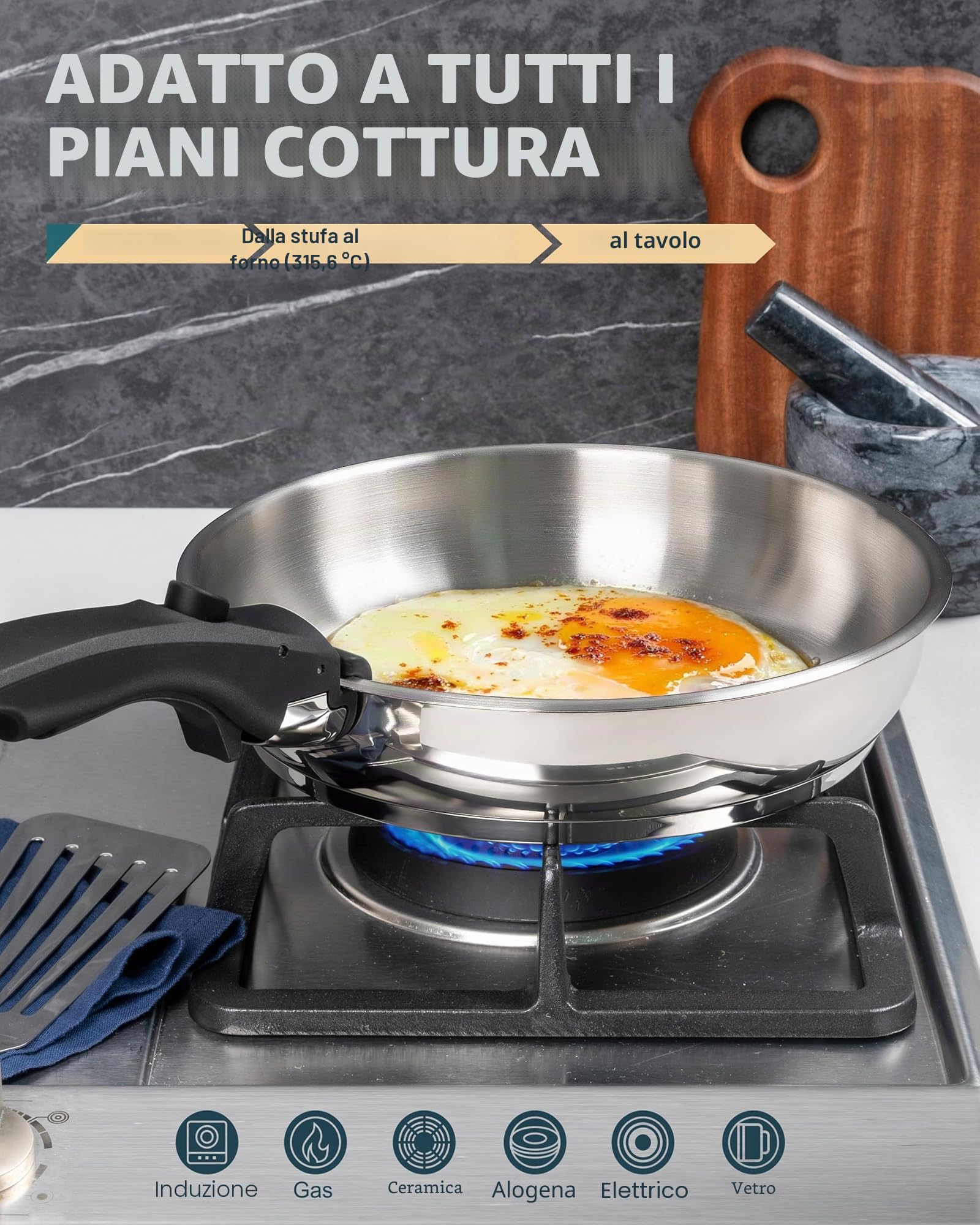 MICHELANGELO Set di padelle in acciaio inox con manico rimovibile, base tripla, compatibile con induzione, 20,3 cm, 24,1 cm e 28 cm