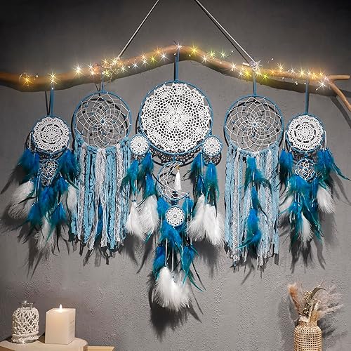 5 Pack Blue Dream Catchers for Bedroom Adult Large Boho Dreamcatcher Wall Hanging Decor with Feather Tassels Handmade Indian Art Decoration Home Ornament for Women Girls