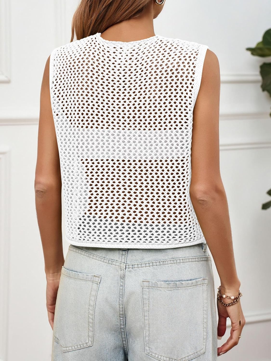 Saodimallsu Womens Crochet Sweater Vest Button Down Sleeveless Crew Neck Boho Knit Crop Tank Tops Summer Cardigans - Image 5