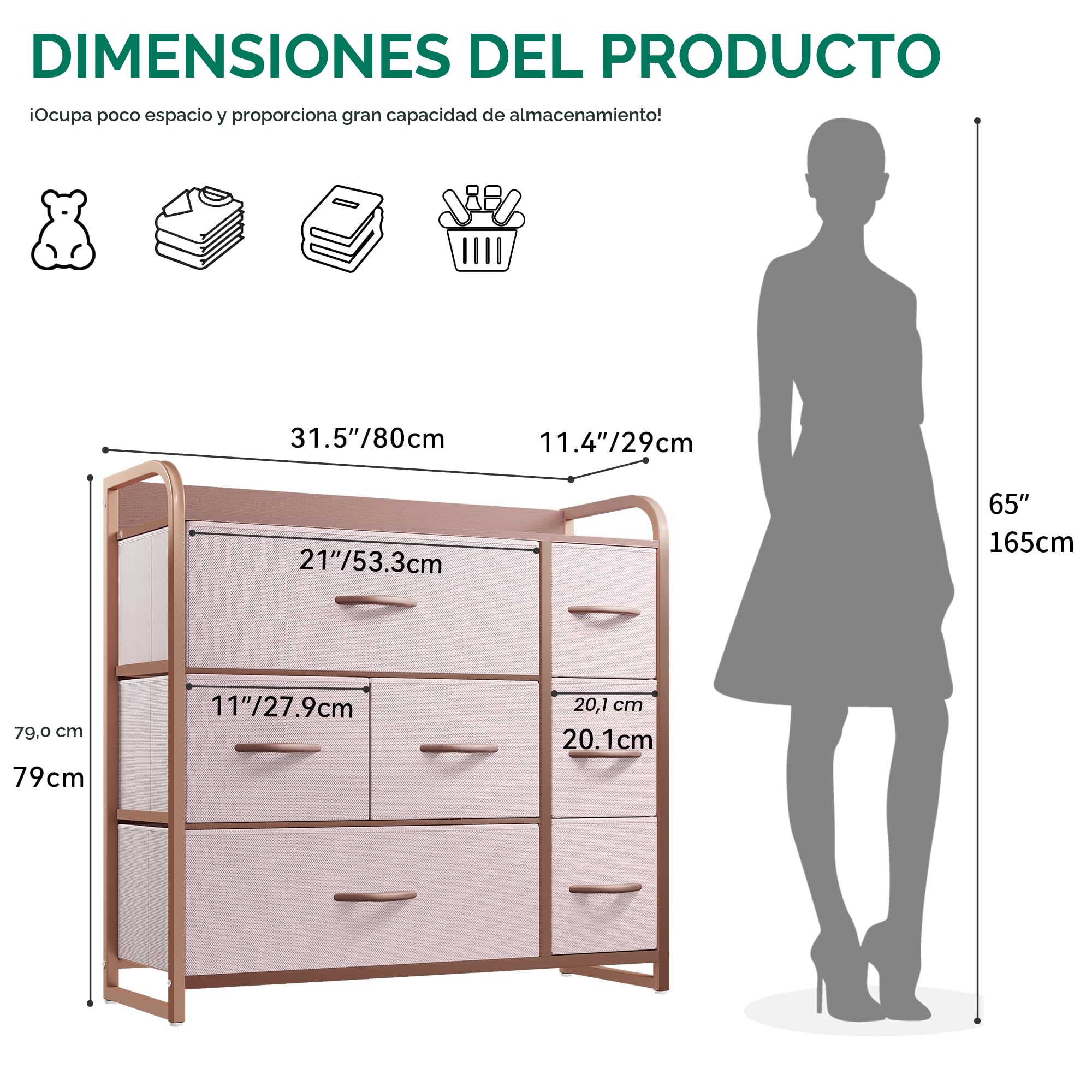 YITAHOME Cajonera para Armario,Unidad de Almacenamiento, de Tela, con 7 cajones,Cajones de Tela con Parte de Madera,Rosa