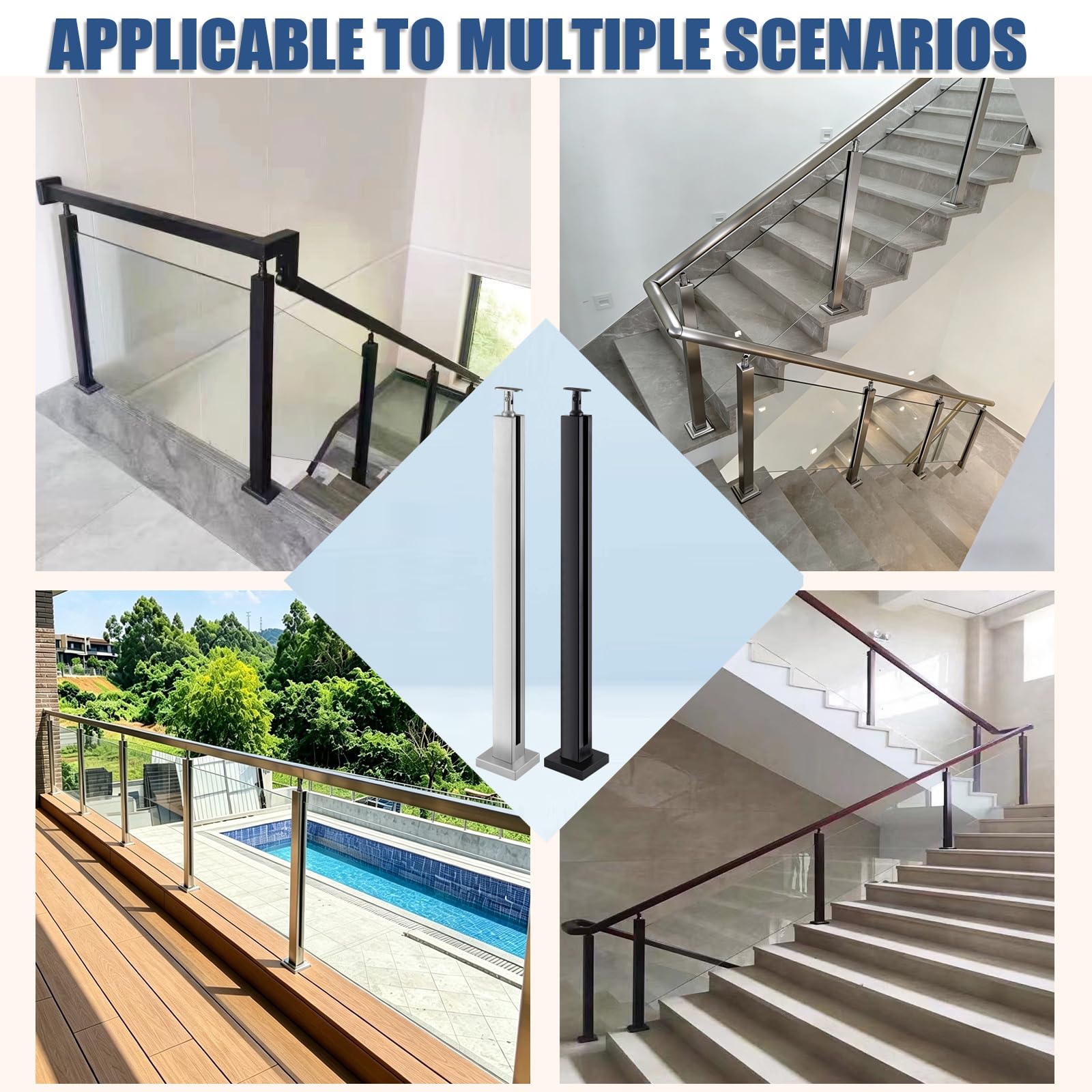 Generisch Szklane słupki balustrad – system słupków balustrad ze stali nierdzewnej 304 z uchwytem na poręcz – 85 cm długi słupek poręczy na taras, balkon, strych, klatkę schodową