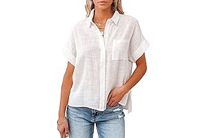 Womens Cotton Linen Short Sleeve Button Down Shirts Casual V Neck Plain Blouses Tops