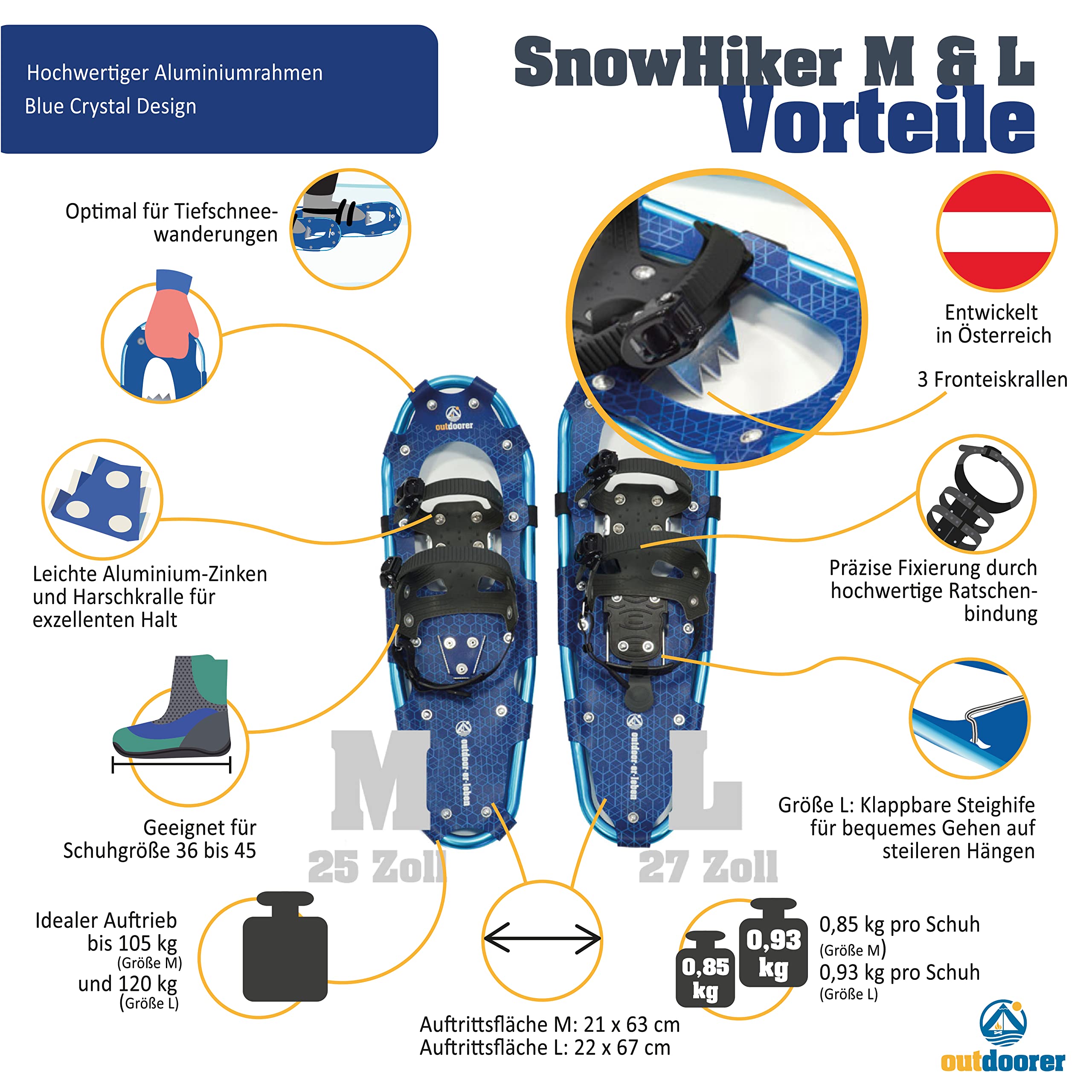 outdoorer leichte Schneeschuhe SnowHiker – Aluminium-Rahmen-Schneeschuhe Classics mit Ratschenbindung für Damen und Herren