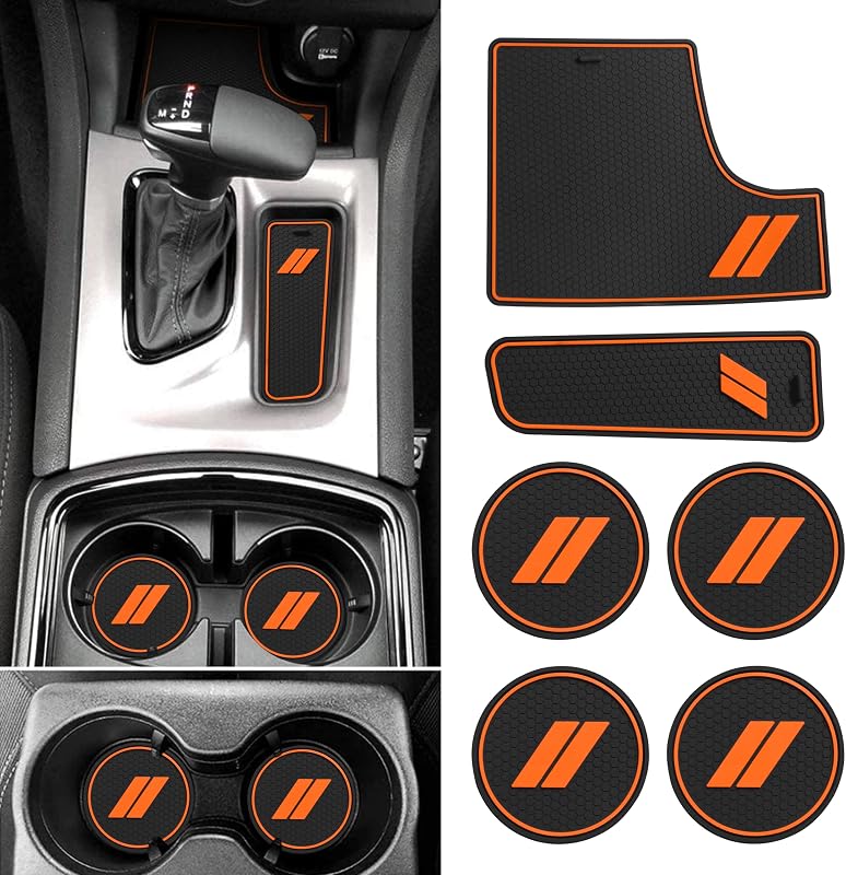 Kit de Forros para Porta-Copos e Console Dodge Charger 2015–2023 SENSHINE com Superfície Antiderrapante e Acabamento Laranja, 6 Peças