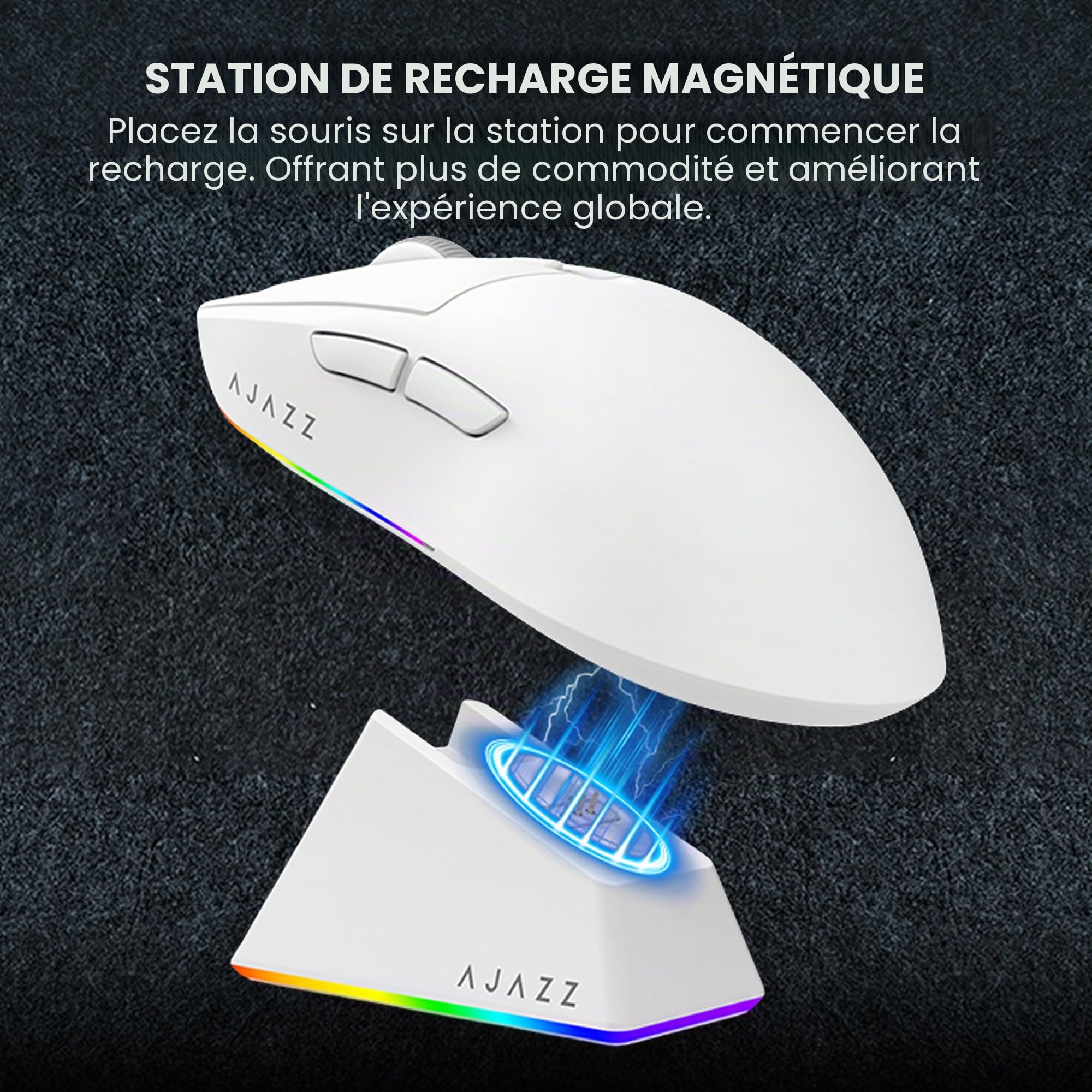 MechLands AJAZZ AJ139 V2 MC Souris de jeu avec base de charge, réglable 12 000 ppp, capteur PAW3311, souris sans fil 3 modes, batterie 500 mAh, taux d'interrogation de 1000, 66 g, légère, Win/Mac