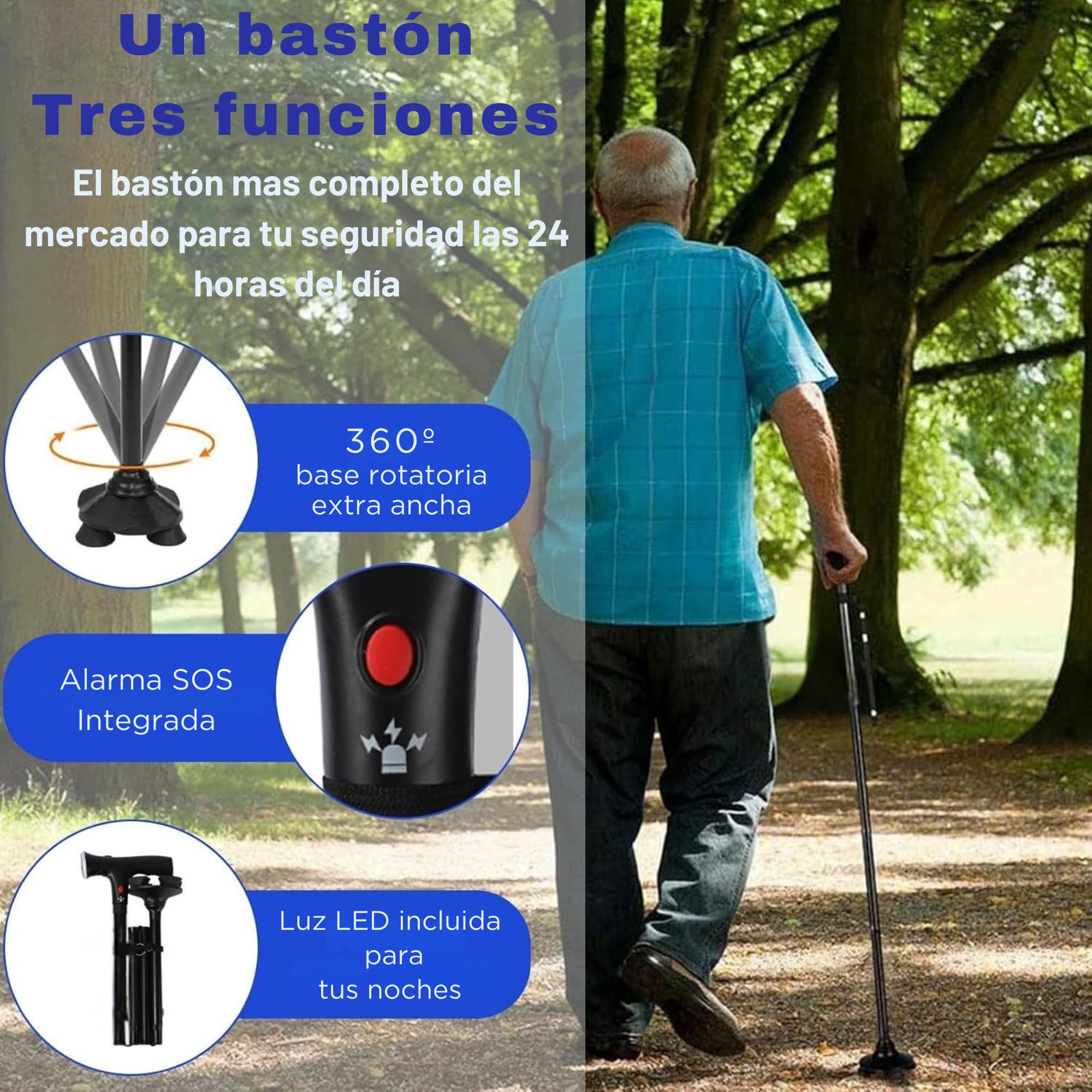 SMARTIA - Bastón Plegable con Alarma y Luz LED, Bastón para Mayores con Base Antideslizante y anticaidas, Altura Ajustable a 5 Niveles, Bastón para Mujer y Hombre, Materiales de 1ª Calidad
