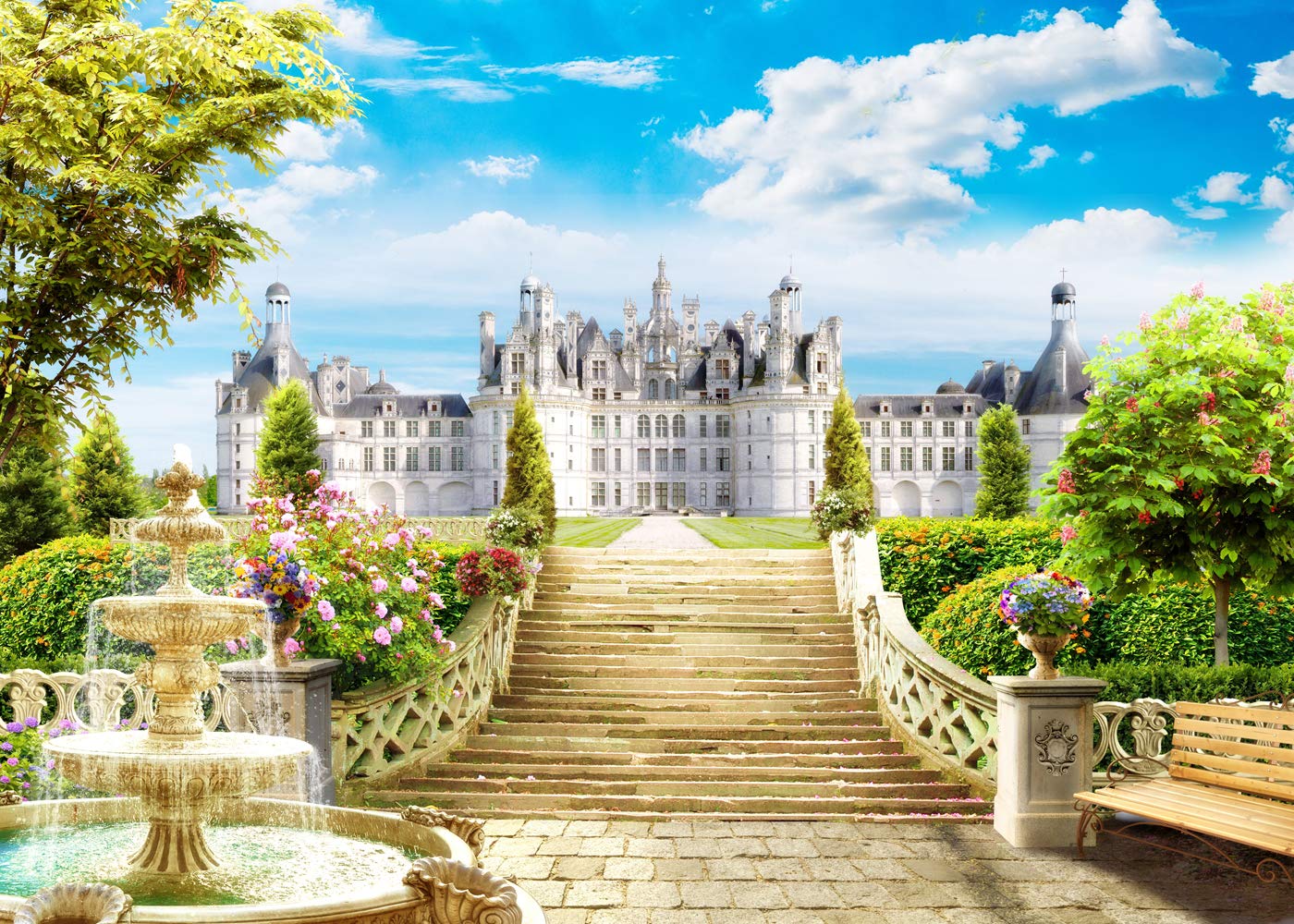 CapiSco 7X5FT Castle Stairs Backdrop Vinyl Photography Studio Background Outdoor Fountain Blue Sky White Clouds Wedding Party Decoration Polyester Seamless Photo Studio Booth Backdrop SCO44