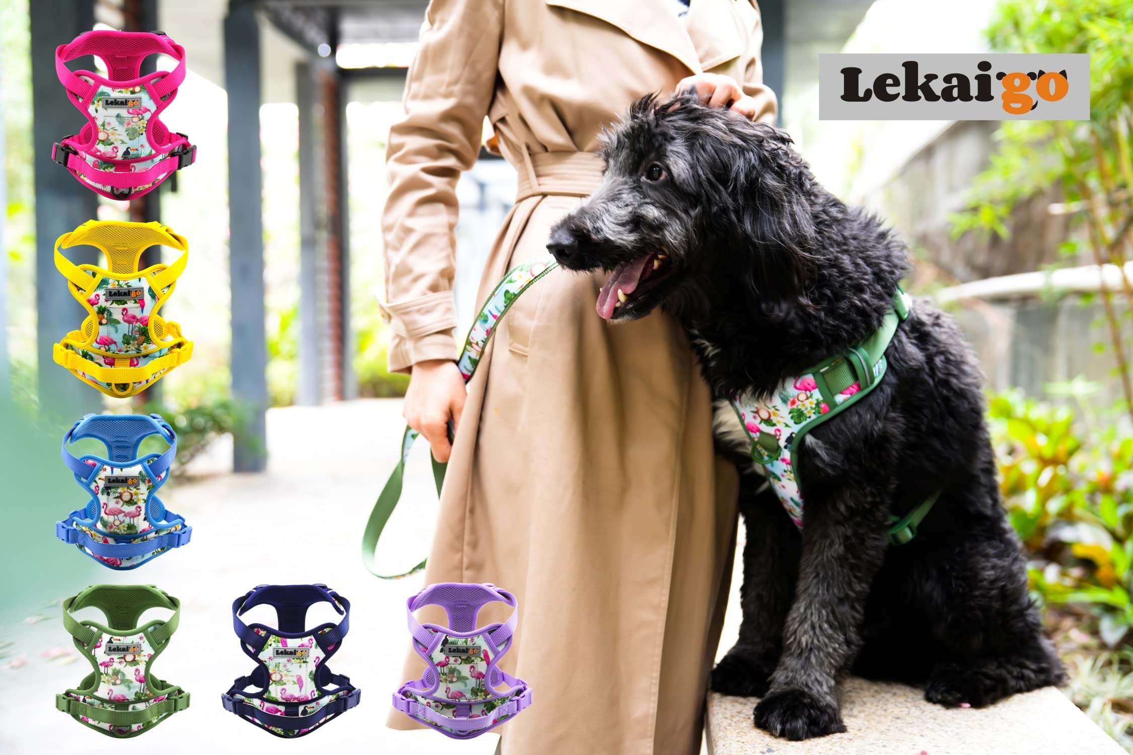 Hundegeschirr, Halsband, 1.5 m, Leine, Kotbeutelhalter-Set, reflektierend, verstellbar, kein Ziehen, Hundeweste mit Sicherheitsverschluss, einfache Kontrolle, für kleine, 4 Stück, XL-Gelb